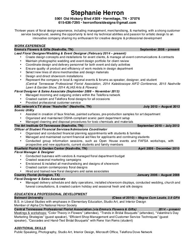 stephanie herron design resume floral design resume