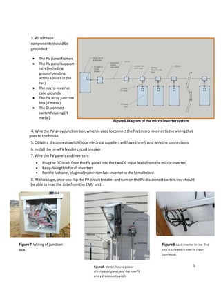 5
3. All of these
componentsshouldbe
grounded:
 The PV panel frames
 The PV panel support
rails(including
groundbonding
across splicesinthe
rail)
 The micro-inverter
case grounds
 The PV array junction
box (if metal)
 The Disconnect
switchhousing(if
metal)
4. Wire the PV array junctionbox,whichisusedtoconnectthe firstmicro invertertothe wiringthat
goesto the house.
5. Obtaina disconnectswitch(local electrical supplierswill have them).Andwire the connections.
6. Install the newPV feedin circuitbreaker.
7. Wire the PV panelsandinverters:
 Plugthe DC leadsfromthe PV panel intothe twoDC inputleadsfromthe micro-inverter.
 Keepdoingthisforall inverters
 For the last one,plugmale cordfromlast invertertothe female cord
8. At thisstage,once you flipthe PV circuitbreakerandturn on the PV disconnectswitch,youshould
be able to readthe date fromthe EMU unit.
Figure6.Diagram of the micro-invertersystem
Figure7.Wiringof junction
box.
Figure8. Meter, house power
distribution panel, and the newPV
arraydisconnect switch.
Figure9.Last inverter inline. The
cap is screwedin over its input
connector.
 