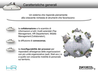 la collaborazione e lo scambio di
informazioni a tutti i livelli aziendali (Top
Management, HR Departement, Middle
Management,Collaboratori),
la diffusione di conoscenza,
la riconfigurabilità dei processi per
rispondere all'esigenza delle organizzazioni
con più unità organizzative (sedi, filiali ecc.) e
a quelle con crescente mobilità di personale
sul territorio.
Caratteristiche generali
Un sistema che risponde pienamente
alla crescente richiesta di strumenti che favoriscono:
 