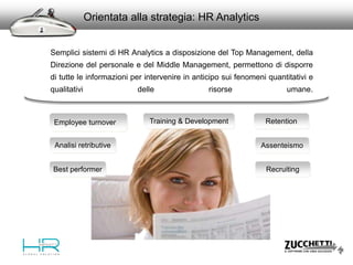 Orientata alla strategia: HR Analytics
Employee turnover Training & Development Retention
Recruiting
Analisi retributive Assenteismo
Best performer
Semplici sistemi di HR Analytics a disposizione del Top Management, della
Direzione del personale e del Middle Management, permettono di disporre
di tutte le informazioni per intervenire in anticipo sui fenomeni quantitativi e
qualitativi delle risorse umane.
 