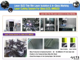 Laser OLED Thin Film Layer Isolation & In-Glass Marking
Laser Cutting System For Glass (LCD, AMOLED)
Laser CuttingEdge Grinding
- Mass Production & Engineering Work : 3G ~ 8G AMOLED & TFT LCD. Solar Cell
- Pssible to the Tempered Glass (Max DOL 20um)
- Clean/Fine Images of the Cutting Edges (No Particle)
Laser OLED Thin Film Layer Isolation & In-Glass Marking
Laser Cutting System For Glass (LCD, AMOLED)
7
 