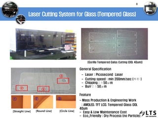 Laser Cutting System for Glass (Tempered Glass)
[Gorilla Tempered Galss Cutting (DOL 40um)]
[Straight Line] [Round Line] [Circle Line]
① ② ③
General Specification
- Laser : Picosecond Laser
- Cutting speed : min 200mm/sec (外形 )
- Chipping : ±50μm
- Burr : ±50μm
Feature
- Mass Production & Engineering Work
: AMOLED. TFT LCD. Tempered Glass DOL
40um
- Easy & Low Maintenance Cost
- Eco_Friendly : Dry Process (no Particle)
8
 