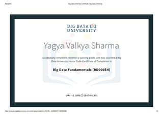 8/20/2016 Big Data University Certificate | Big Data University
https://courses.bigdatauniversity.com/certificates/moodle/A1vfIGLV6v­1463569474­1463569488 1/2
Yagya Valkya Sharma
successfully completed, received a passing grade, and was awarded a Big
Data University Honor Code Certiﬁcate of Completion in
Big Data Fundamentals (BD000EN)
MAY 18, 2016 | CERTIFICATE
 