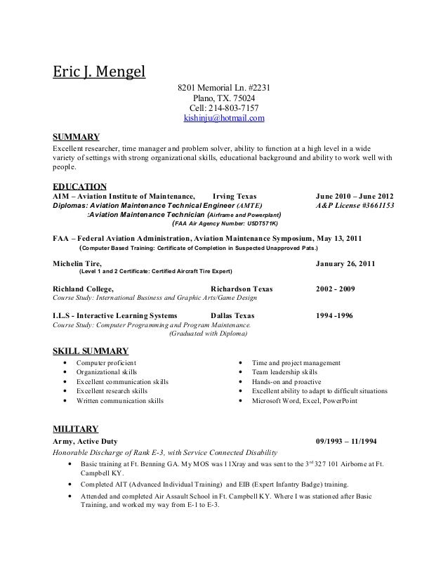 sample aircraft mechanic resume