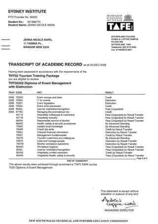 Diploma of Event Management Transcript