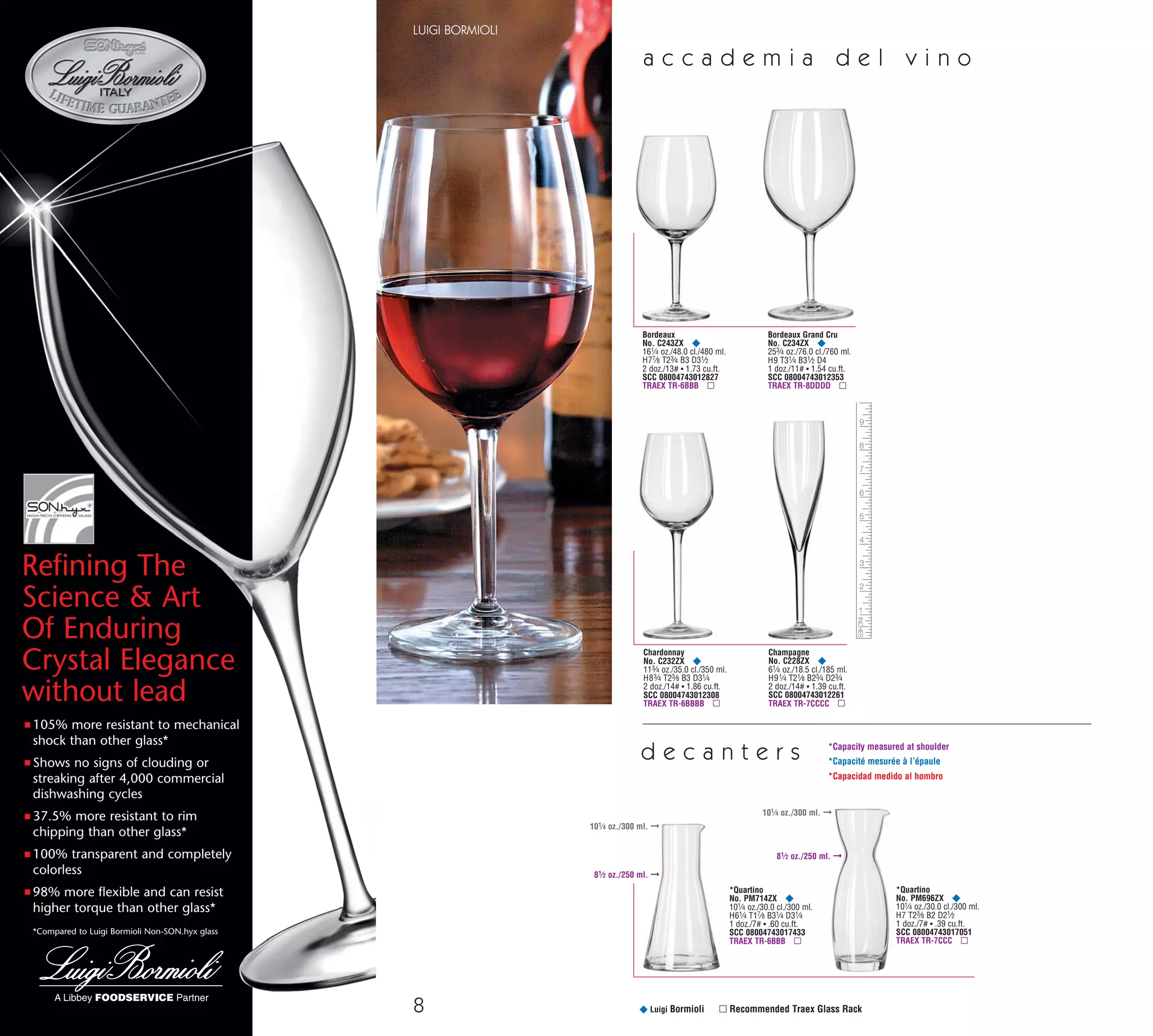 LUIGI BORMIOLI
¥ Luigi Bormioli ▫ Recommended Traex Glass Rack
*Quartino
No. PM696ZX ¥
101⁄4 oz./30.0 cl./300 ml.
H7 T23⁄8 B2 D21⁄2
1 doz./7# ▪ .39 cu.ft.
SCC 08004743017051
TRAEX TR-7CCC ▫
*Quartino
No. PM714ZX ¥
101⁄4 oz./30.0 cl./300 ml.
H61⁄4 T17⁄8 B31⁄4 D31⁄4
1 doz./7# ▪ .60 cu.ft.
SCC 08004743017433
TRAEX TR-6BBB ▫
d e c a n t e r s *Capacity measured at shoulder
*Capacité mesurée à l’épaule
*Capacidad medido al hombro
Champagne
No. C228ZX ¥
61⁄4 oz./18.5 cl./185 ml.
H91⁄4 T21⁄8 B23⁄4 D23⁄4
2 doz./14# ▪ 1.39 cu.ft.
SCC 08004743012261
TRAEX TR-7CCCC ▫
Chardonnay
No. C232ZX ¥
113⁄4 oz./35.0 cl./350 ml.
H83⁄4 T23⁄8 B3 D31⁄4
2 doz./14# ▪ 1.86 cu.ft.
SCC 08004743012308
TRAEX TR-6BBBB ▫
Bordeaux Grand Cru
No. C234ZX ¥
253⁄4 oz./76.0 cl./760 ml.
H9 T31⁄4 B31⁄2 D4
1 doz./11# ▪ 1.54 cu.ft.
SCC 08004743012353
TRAEX TR-8DDDD ▫
Bordeaux
No. C243ZX ¥
161⁄4 oz./48.0 cl./480 ml.
H77⁄8 T23⁄4 B3 D31⁄2
2 doz./13# ▪ 1.73 cu.ft.
SCC 08004743012827
TRAEX TR-6BBB ▫
a c c a d e m i a d e l v i n o
8 113
Refining The
Science & Art
Of Enduring
Crystal Elegance
without lead
■ 105% more resistant to mechanical
shock than other glass*
■ Shows no signs of clouding or
streaking after 4,000 commercial
dishwashing cycles
■ 37.5% more resistant to rim
chipping than other glass*
■ 100% transparent and completely
colorless
■ 98% more flexible and can resist
higher torque than other glass*
*Compared to Luigi Bormioli Non-SON.hyx glass
CODING
✚ DuraTuff.®
TheLibbey
DuraTuff®
treatment is a
special thermal afterprocess
for “pressed” tumblers and
stemware such as Gibraltar,
Winchester, Inverness,
Paneled Tumblers, Everest and Dakota.
The DuraTuff®
process is performed only
on the upper portion of pressed tumblers
and stemware to increase their resistance
to thermal and mechanical shock.
Libbey’s DuraTuff®
process produces
durable glassware with prolonged
service life for the foodservice industry.
Look for the DuraTuff®
name embossed
on all Libbey DuraTuff®
products.
Libbey now offers DuraTuff®
plates and
bowls which are treated over the entire
surface of the product.
★ Heat-Treated
Glassware. Libbey’s
heat-treated tumblers and
stemware are created
through a special heating
and rapid cooling process
after the glass is formed. This secondary
process on “blown” glassware is performed
only on the upper portion of the glass where
most abuse occurs. Libbey’s heat-treated
glassware offers increased resistance to
thermal and mechanical shock and is recom-
mended for fast service cycle operations.
● Safedge®
Rim
Guarantee. For over
70 years, Libbey’s proven
commitment to quality
has been backed by our
well-known guarantee,
“a new glass if the rim of a Safedge®
glass
chips.” If the rim of any glass covered by
the Safedge®
guarantee chips, Libbey will
replace or refund the price of the glass when
it is returned to the dealer/distributor from
whom it was originally purchased. Of course,
this guarantee does not cover breakage.
■ Safedge®
Rim and Foot
Guarantee. If the rim or
foot of any one-piece
stemware item chips, Libbey
guarantees to replace or
refund the price of the glass
when it is returned to the
dealer/distributor from whom
it was originally purchased. This guarantee
covers such lines as Estate, Chivalry,
Embassy Royale, Embassy, Lexington,
Catalina, Teardrop, etc. This guarantee does
not cover breakage.
Wine
No. 8543SR ✖
11 oz./32.6 cl./326 ml.
H71⁄2 T21⁄2 B23⁄4 D31⁄8
2 doz./20# ■ 1.50 cu. ft.
▲ Finedge.® Libbey’s
Finedge®glassware features
a minimum bead and is
available on a variety of
tumblers and stemware. This
finely rimmed glassware
brings subtle beauty to any establishment.
✖ SheerRim/D.T.E.®
Libbey’s SheerRim/D.T.E.®
(Dura Temp Edge) stemware
and tumblers feature
a beadless edge
which is first
cracked-off then polished to produce a fine,
yet durable edge. This creates a combination
of elegance and affordability in glassware
for operators looking to upgrade their
beverage service, while still maintaining
longer service life. Sheer Rim/D.T.E.®
Tumblers and Stemware are guaranteed
against chippage of the rim.
¥ Luigi Bormioli.
The entire Bormioli
collection has been
developed to provide a
superior, resonant blown
glass in a quality and
purity rivaling that of lead crystal.
❖ Luigi Bormioli
Guarantee.
If the rim or foot of any
Luigi Bormioli SON.hyx
product chips, Libbey will
replace the glass.
This guarantee does not
cover breakage. Please
contact your Libbey Foodservice Sales
Representative for details.
θHand Blown. Manufactured by hand,
giving the glass uniquely individual
characteristics. The capacities are noted as
minimum ounce capacities and could vary
upward considerably. They should not be
used as a standard of measure.
Dimensions/Capacities
(listed under each item)
“H” means height.
“T” means top diameter.
“B” means bottom diameter.
“D” means maximum diameter.
H-T-B dimensions are listed to the nearest 1/8 inch.
“D” dimension is listed to the higher 1/8 inch.
Listed dimensions should not be construed
as specifications.*
Lined versions of items have same
dimensions as unlined glass.
The individual product images
reproduced throughout this catalog are shown
at approximately 25% actual size.
Glassware capacities are approximate and should
not be used as a standard of measure. All fluid
capacities are figured to overflow, except for those
items decorated with a stated capacity line.
Our capacity specifications allow for a tolerance
of plus or minus 5%.
Example: a 12 oz. rocks glass could range in over-
flow capacity from a minimum of 11.4 ounces to
a maximum of 12.6 ounces. For more information
regarding product specifications, contact your
Libbey representative.
1 U.S. fl. oz.‫7275.92ס‬ ml.‫48040.1ס‬ Imp. fl. oz.
1 Imp. fl. oz.‫3214.82ס‬ ml.‫57069.0ס‬ U.S. fl. oz.
Hand Made product capacities are noted as minimum
ounce capacities and could vary upward considerably.
They should not be used as a standard of measure.
Suffix Identifications
Letter suffix “B” means Cobalt
Letter suffix “E” means Black
Letter suffix “I” means Plum
Letter suffix “J” means Juniper
Letter suffix “L” means Mediterranean Blue
Letter suffix “HT” means glass is
Heat Treated
Letter suffix “CD” means glass has
Finedge®
Letter suffix “SR” means glass has
Sheer Rim/D.T.E.®
(Dura Temp Edge)
*Exact Specifications available from:
Libbey Inc. • P.O. Box 10060
300 Madison Ave. • Toledo, Ohio 43699-0060
PRODUCT DIMENSIONS:
“H” MEANS HEIGHT
“T” MEANS TOP DIAMETER
“B” MEANS BOTTOM DIAMETER
“D” MEANS MAXIMUM DIAMETER
CARTON WEIGHT
PRODUCT FLUID CAPACITY
(See Notation In
Colored Type Above)
SPECIAL PROCESS SYMBOLS
(See Explanations Above Left)
B
H
D
T
PRODUCT NAME/DESCRIPTION
(Red Print Means New Product)
PRODUCT
ORDER NUMBER
(See Suffix Identifications Above)
QUANTITY
PER SHIPPER
CARTON
CARTON SIZE/CUBIC FOOT
➔➔➔➔
B
D
H
T
c o d i n g
Copyright 2008 Libbey Inc., Toledo, Ohio 43699-0060
81⁄2 oz./250 ml. ➞
101⁄4 oz./300 ml. ➞
101⁄4 oz./300 ml. ➞
81⁄2 oz./250 ml. ➞
08_6pgSONhyxStory_08-113_cen 11/17/08 8:55 AM Page 1
 