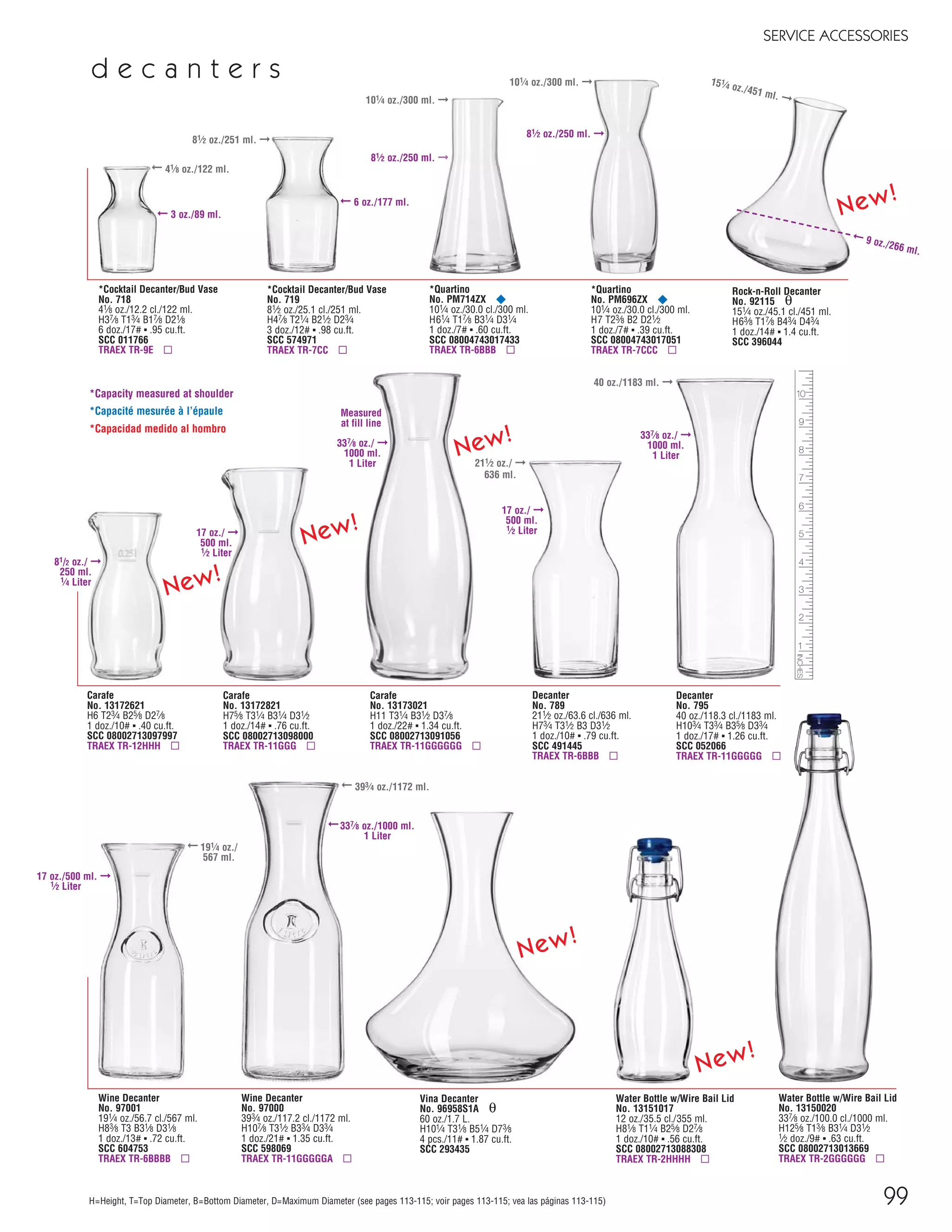 Water Bottle w/Wire Bail Lid
No. 13151017
12 oz./35.5 cl./355 ml.
H81⁄8 T11⁄4 B25⁄8 D27⁄8
1 doz./10# ▪ .56 cu.ft.
SCC 08002713088308
TRAEX TR-2HHHH ▫
99
SERVICE ACCESSORIES
d e c a n t e r s
H=Height, T=Top Diameter, B=Bottom Diameter, D=Maximum Diameter (see pages 113-115; voir pages 113-115; vea las páginas 113-115)
Water Bottle w/Wire Bail Lid
No. 13150020
337⁄8 oz./100.0 cl./1000 ml.
H125⁄8 T13⁄8 B31⁄4 D31⁄2
1⁄2 doz./9# ▪ .63 cu.ft.
SCC 08002713013669
TRAEX TR-2GGGGGG ▫
*Cocktail Decanter/Bud Vase
No. 718
41⁄8 oz./12.2 cl./122 ml.
H37⁄8 T13⁄4 B17⁄8 D21⁄8
6 doz./17# ▪ .95 cu.ft.
SCC 011766
TRAEX TR-9E ▫
*Cocktail Decanter/Bud Vase
No. 719
81⁄2 oz./25.1 cl./251 ml.
H47⁄8 T21⁄4 B21⁄2 D23⁄4
3 doz./12# ▪ .98 cu.ft.
SCC 574971
TRAEX TR-7CC ▫
Decanter
No. 789
211⁄2 oz./63.6 cl./636 ml.
H73⁄4 T31⁄2 B3 D31⁄2
1 doz./10# ▪ .79 cu.ft.
SCC 491445
TRAEX TR-6BBB ▫
Wine Decanter
No. 97001
191⁄4 oz./56.7 cl./567 ml.
H83⁄8 T3 B31⁄8 D31⁄8
1 doz./13# ▪ .72 cu.ft.
SCC 604753
TRAEX TR-6BBBB ▫
Wine Decanter
No. 97000
393⁄4 oz./117.2 cl./1172 ml.
H107⁄8 T31⁄2 B33⁄4 D33⁄4
1 doz./21# ▪ 1.35 cu.ft.
SCC 598069
TRAEX TR-11GGGGGA ▫
*Capacity measured at shoulder
*Capacité mesurée à l’épaule
*Capacidad medido al hombro
Decanter
No. 795
40 oz./118.3 cl./1183 ml.
H103⁄4 T33⁄4 B35⁄8 D33⁄4
1 doz./17# ▪ 1.26 cu.ft.
SCC 052066
TRAEX TR-11GGGGG ▫
*Quartino
No. PM696ZX ¥
101⁄4 oz./30.0 cl./300 ml.
H7 T23⁄8 B2 D21⁄2
1 doz./7# ▪ .39 cu.ft.
SCC 08004743017051
TRAEX TR-7CCC ▫
*Quartino
No. PM714ZX ¥
101⁄4 oz./30.0 cl./300 ml.
H61⁄4 T17⁄8 B31⁄4 D31⁄4
1 doz./7# ▪ .60 cu.ft.
SCC 08004743017433
TRAEX TR-6BBB ▫
Rock-n-Roll Decanter
No. 92115 θ
151⁄4 oz./45.1 cl./451 ml.
H63⁄8 T17⁄8 B43⁄4 D43⁄4
1 doz./14# ▪ 1.4 cu.ft.
SCC 396044
Vina Decanter
No. 96958S1A θ
60 oz./1.7 L.
H101⁄4 T31⁄8 B51⁄4 D73⁄8
4 pcs./11# ▪ 1.87 cu.ft.
SCC 293435
Carafe
No. 13172621
H6 T23⁄4 B25⁄8 D27⁄8
1 doz./10# ▪ .40 cu.ft.
SCC 08002713097997
TRAEX TR-12HHH ▫
Carafe
No. 13172821
H75⁄8 T31⁄4 B31⁄4 D31⁄2
1 doz./14# ▪ .76 cu.ft.
SCC 08002713098000
TRAEX TR-11GGG ▫
Carafe
No. 13173021
H11 T31⁄4 B31⁄2 D37⁄8
1 doz./22# ▪ 1.34 cu.ft.
SCC 08002713091056
TRAEX TR-11GGGGGG ▫
New!
New!
New!
New!
New!
New!
81⁄2 oz./250 ml. ➞
101⁄4 oz./300 ml. ➞
101⁄4 oz./300 ml. ➞
81⁄2 oz./250 ml. ➞
➞ 9 oz./266 ml.
151
⁄4 oz./451 ml. ➞
➞ 6 oz./177 ml.
➞ 3 oz./89 ml.
➞ 41⁄8 oz./122 ml.
81⁄2 oz./251 ml. ➞
211⁄2 oz./ ➞
636 ml.
17 oz./ ➞
500 ml.
1⁄2 Liter
40 oz./1183 ml. ➞
337⁄8 oz./ ➞
1000 ml.
1 Liter
➞ 191⁄4 oz./
567 ml.
➞337⁄8 oz./1000 ml.
1 Liter
➞ 393⁄4 oz./1172 ml.
17 oz./500 ml. ➞
1⁄2 Liter
17 oz./ ➞
500 ml.
1⁄2 Liter
337⁄8 oz./ ➞
1000 ml.
1 Liter
81/2 oz./ ➞
250 ml.
1⁄4 Liter
Measured
at fill line
08FScat_89-103_ServWareAcc_cen 11/17/08 9:09 AM Page 99
 