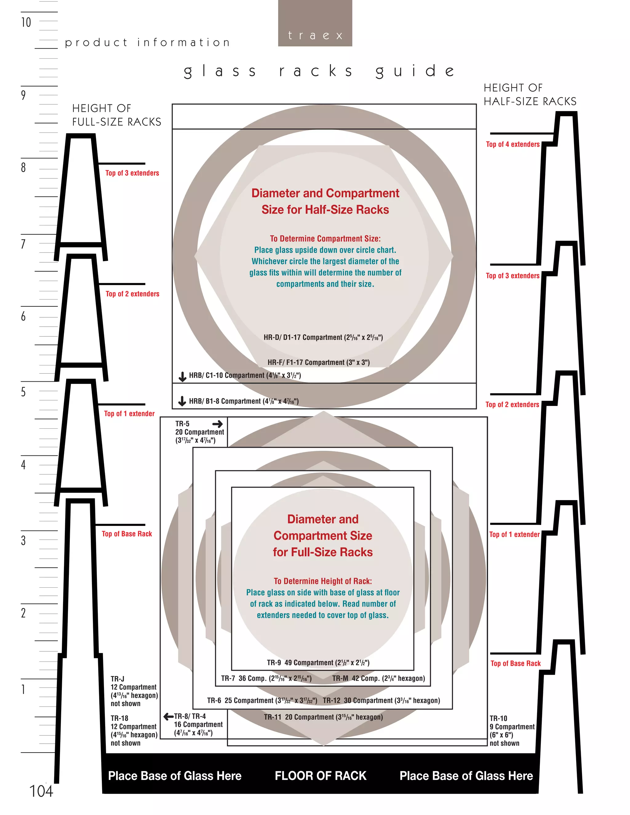 72
t r a e x
HEIGHT OF
HALF-SIZE RACKS
HEIGHT OF
FULL-SIZE RACKS
Top of 3 extenders
Top of 2 extenders
Top of 1 extender
Top of Base Rack Top of 1 extender
Top of Base Rack
Top of 2 extenders
Top of 3 extenders
Top of 4 extenders
Place Base of Glass Here FLOOR OF RACK Place Base of Glass Here
HRB/ B1-8 Compartment (41
/8" x 47
/16")
HRB/ C1-10 Compartment (41
/8" x 31
/2")
HR-F/ F1-17 Compartment (3" x 3")
HR-D/ D1-17 Compartment (25
/16" x 25
/16")
Diameter and Compartment
Size for Half-Size Racks
To Determine Compartment Size:
Place glass upside down over circle chart.
Whichever circle the largest diameter of the
glass ﬁts within will determine the number of
compartments and their size.
TR-6 25 Compartment (317
/32" x 317
/32") TR-12 30 Compartment (33
/16" hexagon)
TR-8/ TR-4
16 Compartment
(47
/16" x 47
/16")
TR-7 36 Comp. (215
/16" x 215
/16") TR-M 42 Comp. (23
/4" hexagon)
TR-9 49 Compartment (21
/2" x 21
/2")
TR-11 20 Compartment (315
/16" hexagon) TR-10
9 Compartment
(6" x 6")
not shown
Diameter and
Compartment Size
for Full-Size Racks
To Determine Height of Rack:
Place glass on side with base of glass at ﬂoor
of rack as indicated below. Read number of
extenders needed to cover top of glass.
TR-18
12 Compartment
(415
/16" hexagon)
not shown
TR-5
20 Compartment
(317
/32" x 47
/16")
TR-J
12 Compartment
(413
/16" hexagon)
not shown
g l a s s r a c k s g u i d e
p r o d u c t i n f o r m a t i o n
104
08FScat_104-115_Merch_Cod_cen 11/6/08 10:11 AM Page 104
 