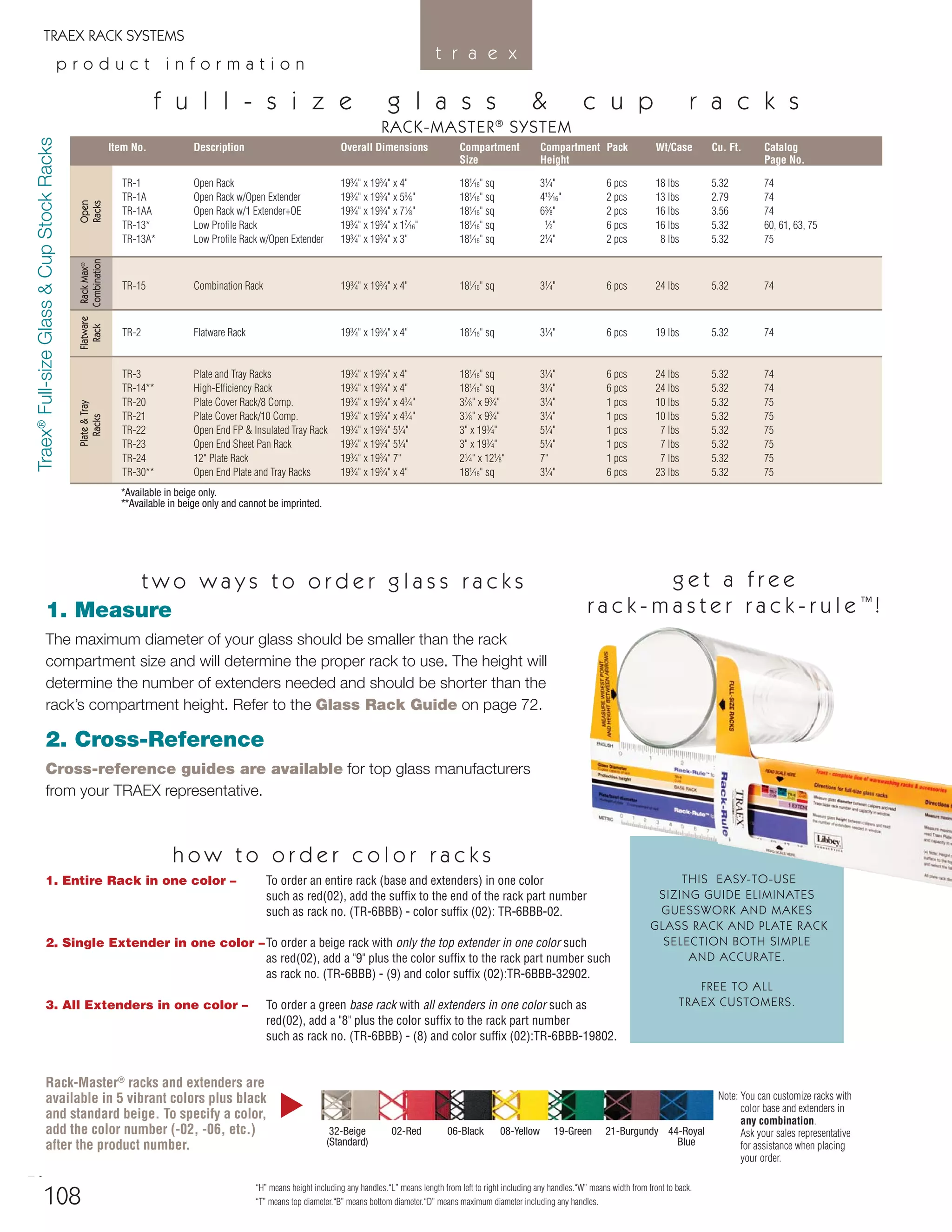 TRAEX RACK SYSTEMS
t r a e x
p r o d u c t i n f o r m a t i o n
Item No. Description Overall Dimensions Compartment Compartment Pack Wt/Case Cu. Ft. Catalog
Size Height Page No.
TR-1 Open Rack 193
⁄4" x 193
⁄4" x 4" 181
⁄16" sq 31
⁄4" 6 pcs 18 lbs 5.32 74
TR-1A Open Rack w/Open Extender 193
⁄4" x 193
⁄4" x 59
⁄6" 181
⁄16" sq 413
⁄16" 2 pcs 13 lbs 2.79 74
TR-1AA Open Rack w/1 Extender+OE 193
⁄4" x 193
⁄4" x 71
⁄8" 181
⁄16" sq 63
⁄8" 2 pcs 16 lbs 3.56 74
TR-13* Low Proﬁle Rack 193
⁄4" x 193
⁄4" x 17
⁄16" 181
⁄16" sq 1
⁄2" 6 pcs 16 lbs 5.32 60, 61, 63, 75
TR-13A* Low Proﬁle Rack w/Open Extender 193
⁄4" x 193
⁄4" x 3" 181
⁄16" sq 21
⁄4" 2 pcs 8 lbs 5.32 75
TR-15 Combination Rack 193
⁄4" x 193
⁄4" x 4" 181
⁄16" sq 31
⁄4" 6 pcs 24 lbs 5.32 74
TR-2 Flatware Rack 193
⁄4" x 193
⁄4" x 4" 181
⁄16" sq 31
⁄4" 6 pcs 19 lbs 5.32 74
TR-3 Plate and Tray Racks 193
⁄4" x 193
⁄4" x 4" 181
⁄16" sq 31
⁄4" 6 pcs 24 lbs 5.32 74
TR-14** High-Efﬁciency Rack 193
⁄4" x 193
⁄4" x 4" 181
⁄16" sq 31
⁄4" 6 pcs 24 lbs 5.32 74
TR-20 Plate Cover Rack/8 Comp. 193
⁄4" x 193
⁄4" x 43
⁄4" 37
⁄8" x 93
⁄4" 31
⁄4" 1 pcs 10 lbs 5.32 75
TR-21 Plate Cover Rack/10 Comp. 193
⁄4" x 193
⁄4" x 43
⁄4" 31
⁄8" x 93
⁄4" 31
⁄4" 1 pcs 10 lbs 5.32 75
TR-22 Open End FP & Insulated Tray Rack 193
⁄4" x 193
⁄4" 51
⁄4" 3" x 193
⁄4" 51
⁄4" 1 pcs 7 lbs 5.32 75
TR-23 Open End Sheet Pan Rack 193
⁄4" x 193
⁄4" 51
⁄4" 3" x 193
⁄4" 51
⁄4" 1 pcs 7 lbs 5.32 75
TR-24 12" Plate Rack 193
⁄4" x 193
⁄4" 7" 21
⁄4" x 121
⁄8" 7" 1 pcs 7 lbs 5.32 75
TR-30** Open End Plate and Tray Racks 193
⁄4" x 193
⁄4" x 4" 181
⁄16" sq 31
⁄4" 6 pcs 23 lbs 5.32 75
*Available in beige only.
**Available in beige only and cannot be imprinted.
f u l l - s i z e g l a s s & c u p r a c k s
RACK-MASTER®
SYSTEM
Plate&TrayFlatwareRackMax®
Open
RacksRackCombinationRacks
Traex®
Full-sizeGlass&CupStockRacks
70 www.libbey.com “H” means height including any handles.“L” means length from left to right including any handles.“W” means width from front to back.
“T” means top diameter.“B” means bottom diameter.“D” means maximum diameter including any handles.
THIS EASY-TO-USE
SIZING GUIDE ELIMINATES
GUESSWORK AND MAKES
GLASS RACK AND PLATE RACK
SELECTION BOTH SIMPLE
AND ACCURATE.
FREE TO ALL
TRAEX CUSTOMERS.
g e t a f r e e
r a c k - m a s t e r r a c k - r u l e ™
!
Rack-Master®
racks and extenders are
available in 5 vibrant colors plus black
and standard beige. To specify a color,
add the color number (-02, -06, etc.)
after the product number.
h o w t o o r d e r c o l o r r a c k s
1. Entire Rack in one color – To order an entire rack (base and extenders) in one color
such as red(02), add the sufﬁx to the end of the rack part number
such as rack no. (TR-6BBB) - color sufﬁx (02): TR-6BBB-02.
2. Single Extender in one color –To order a beige rack with only the top extender in one color such
as red(02), add a "9" plus the color sufﬁx to the rack part number such
as rack no. (TR-6BBB) - (9) and color sufﬁx (02):TR-6BBB-32902.
3. All Extenders in one color – To order a green base rack with all extenders in one color such as
red(02), add a "8" plus the color sufﬁx to the rack part number
such as rack no. (TR-6BBB) - (8) and color sufﬁx (02):TR-6BBB-19802.
Note: You can customize racks with
color base and extenders in
any combination.
Ask your sales representative
for assistance when placing
your order.
t w o w a y s t o o r d e r g l a s s r a c k s
1. Measure
The maximum diameter of your glass should be smaller than the rack
compartment size and will determine the proper rack to use. The height will
determine the number of extenders needed and should be shorter than the
rack’s compartment height. Refer to the Glass Rack Guide on page 72.
2. Cross-Reference
Cross-reference guides are available for top glass manufacturers
from your TRAEX representative.
32-Beige 02-Red 06-Black 08-Yellow 19-Green 21-Burgundy 44-Royal
(Standard) Blue
108
08FScat_104-115_Merch_Cod_cen 11/6/08 10:13 AM Page 108
 
