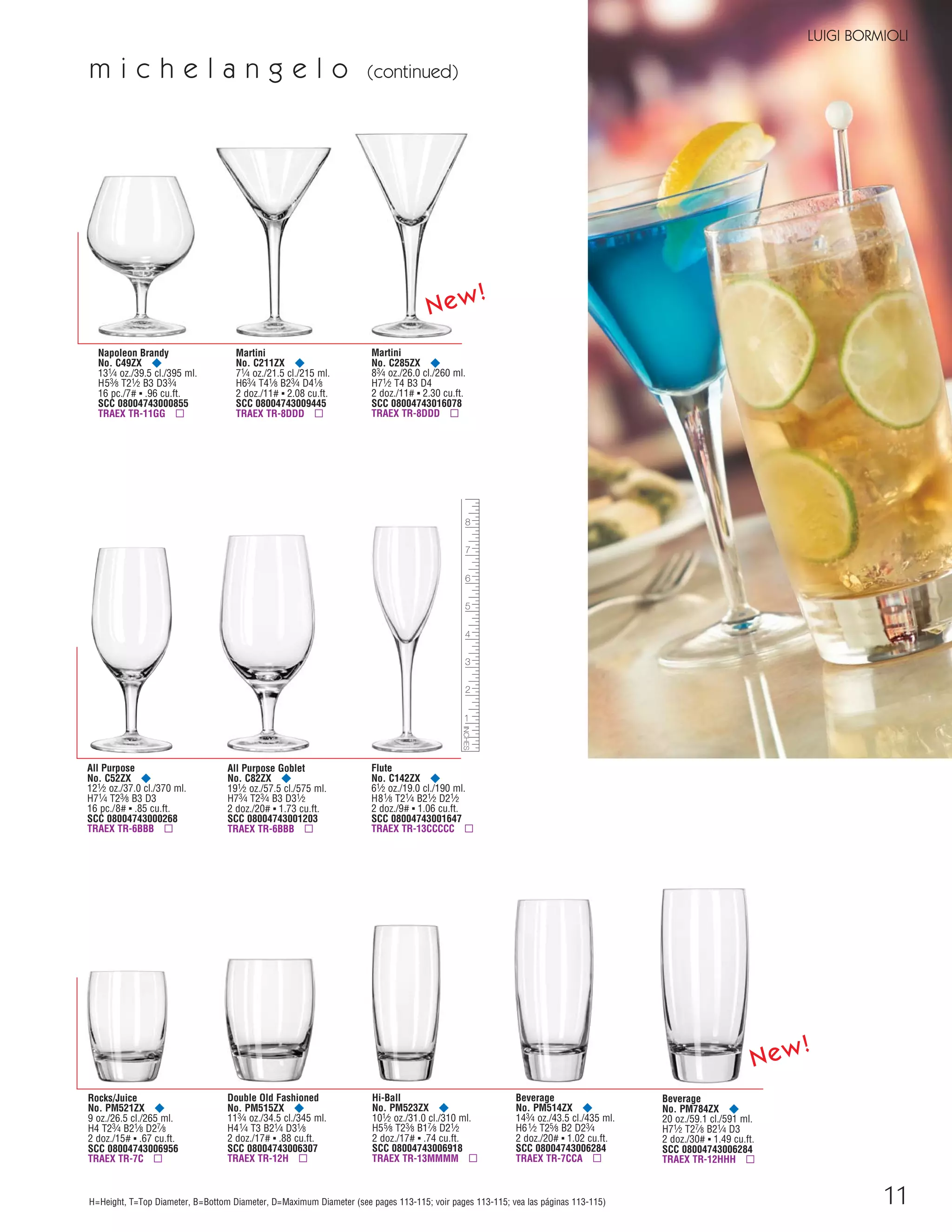 11
LUIGI BORMIOLI
m i c h e l a n g e l o (continued)
H=Height, T=Top Diameter, B=Bottom Diameter, D=Maximum Diameter (see pages 113-115; voir pages 113-115; vea las páginas 113-115)
Beverage
No. PM514ZX ¥
143⁄4 oz./43.5 cl./435 ml.
H61⁄2 T25⁄8 B2 D23⁄4
2 doz./20# ▪ 1.02 cu.ft.
SCC 08004743006284
TRAEX TR-7CCA ▫
Hi-Ball
No. PM523ZX ¥
101⁄2 oz./31.0 cl./310 ml.
H55⁄8 T23⁄8 B17⁄8 D21⁄2
2 doz./17# ▪ .74 cu.ft.
SCC 08004743006918
TRAEX TR-13MMMM ▫
Double Old Fashioned
No. PM515ZX ¥
113⁄4 oz./34.5 cl./345 ml.
H41⁄4 T3 B21⁄4 D31⁄8
2 doz./17# ▪ .88 cu.ft.
SCC 08004743006307
TRAEX TR-12H ▫
Rocks/Juice
No. PM521ZX ¥
9 oz./26.5 cl./265 ml.
H4 T23⁄4 B21⁄8 D27⁄8
2 doz./15# ▪ .67 cu.ft.
SCC 08004743006956
TRAEX TR-7C ▫
All Purpose
No. C52ZX ¥
121⁄2 oz./37.0 cl./370 ml.
H71⁄4 T23⁄8 B3 D3
16 pc./8# ▪ .85 cu.ft.
SCC 08004743000268
TRAEX TR-6BBB ▫
Flute
No. C142ZX ¥
61⁄2 oz./19.0 cl./190 ml.
H81⁄8 T21⁄4 B21⁄2 D21⁄2
2 doz./9# ▪ 1.06 cu.ft.
SCC 08004743001647
TRAEX TR-13CCCCC ▫
All Purpose Goblet
No. C82ZX ¥
191⁄2 oz./57.5 cl./575 ml.
H73⁄4 T23⁄4 B3 D31⁄2
2 doz./20# ▪ 1.73 cu.ft.
SCC 08004743001203
TRAEX TR-6BBB ▫
Martini
No. C211ZX ¥
71⁄4 oz./21.5 cl./215 ml.
H63⁄4 T41⁄8 B23⁄4 D41⁄8
2 doz./11# ▪ 2.08 cu.ft.
SCC 08004743009445
TRAEX TR-8DDD ▫
Napoleon Brandy
No. C49ZX ¥
131⁄4 oz./39.5 cl./395 ml.
H53⁄8 T21⁄2 B3 D33⁄4
16 pc./7# ▪ .96 cu.ft.
SCC 08004743000855
TRAEX TR-11GG ▫
Martini
No. C285ZX ¥
83⁄4 oz./26.0 cl./260 ml.
H71⁄2 T4 B3 D4
2 doz./11# ▪ 2.30 cu.ft.
SCC 08004743016078
TRAEX TR-8DDD ▫
Beverage
No. PM784ZX ¥
20 oz./59.1 cl./591 ml.
H71⁄2 T27⁄8 B21⁄4 D3
2 doz./30# ▪ 1.49 cu.ft.
SCC 08004743006284
TRAEX TR-12HHH ▫
New!
New!
08FScat_01-12_thruBormioli_cen 11/6/08 7:32 AM Page 11
 