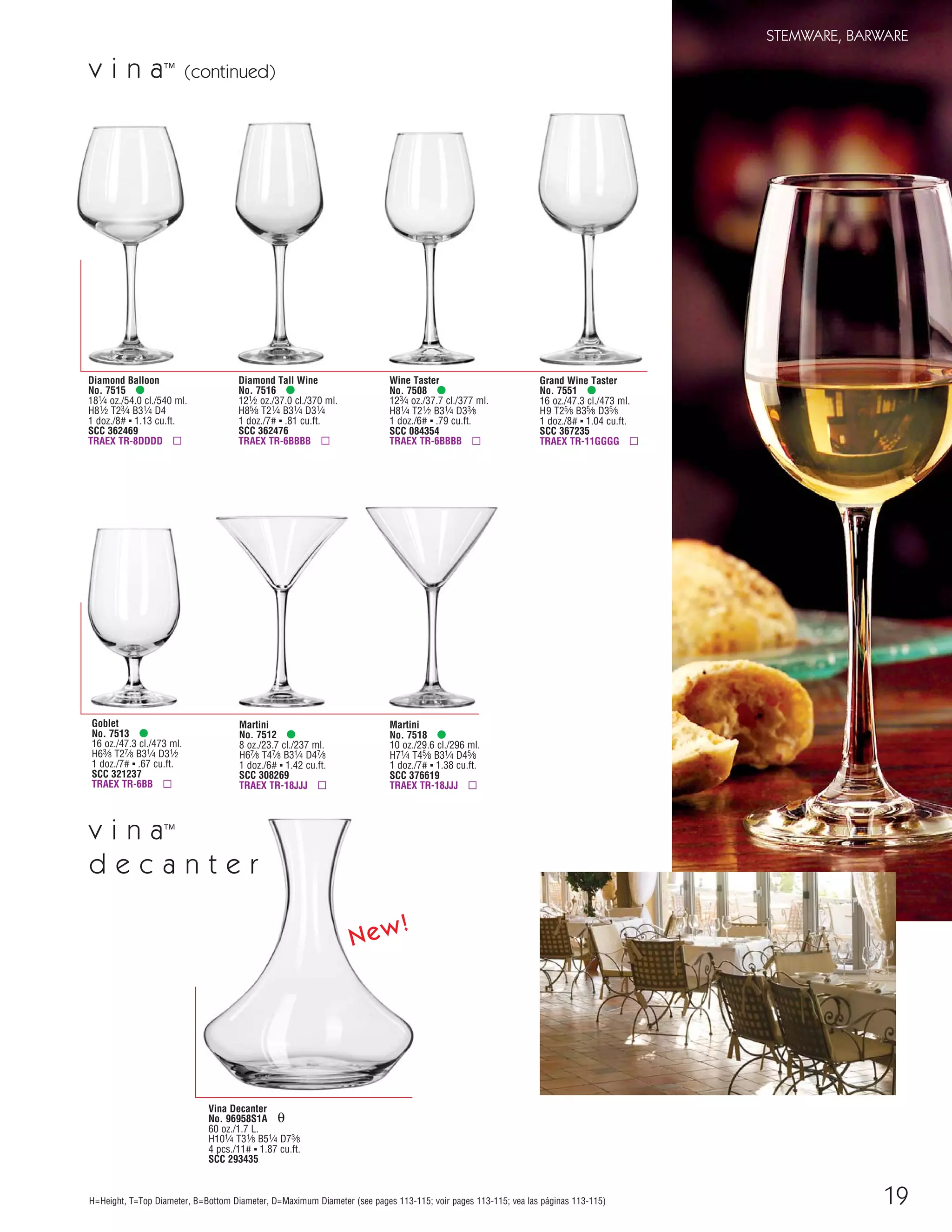 19
STEMWARE, BARWARE
H=Height, T=Top Diameter, B=Bottom Diameter, D=Maximum Diameter (see pages 113-115; voir pages 113-115; vea las páginas 113-115)
v i n a™
(continued)
Martini
No. 7512 •
8 oz./23.7 cl./237 ml.
H67⁄8 T47⁄8 B31⁄4 D47⁄8
1 doz./6# ▪ 1.42 cu.ft.
SCC 308269
TRAEX TR-18JJJ ▫
Goblet
No. 7513 •
16 oz./47.3 cl./473 ml.
H63⁄8 T27⁄8 B31⁄4 D31⁄2
1 doz./7# ▪ .67 cu.ft.
SCC 321237
TRAEX TR-6BB ▫
Wine Taster
No. 7508 •
123⁄4 oz./37.7 cl./377 ml.
H81⁄4 T21⁄2 B31⁄4 D33⁄8
1 doz./6# ▪ .79 cu.ft.
SCC 084354
TRAEX TR-6BBBB ▫
Grand Wine Taster
No. 7551 •
16 oz./47.3 cl./473 ml.
H9 T25⁄8 B35⁄8 D35⁄8
1 doz./8# ▪ 1.04 cu.ft.
SCC 367235
TRAEX TR-11GGGG ▫
Martini
No. 7518 •
10 oz./29.6 cl./296 ml.
H71⁄4 T45⁄8 B31⁄4 D45⁄8
1 doz./7# ▪ 1.38 cu.ft.
SCC 376619
TRAEX TR-18JJJ ▫
Diamond Balloon
No. 7515 •
181⁄4 oz./54.0 cl./540 ml.
H81⁄2 T23⁄4 B31⁄4 D4
1 doz./8# ▪ 1.13 cu.ft.
SCC 362469
TRAEX TR-8DDDD ▫
Diamond Tall Wine
No. 7516 •
121⁄2 oz./37.0 cl./370 ml.
H85⁄8 T21⁄4 B31⁄4 D31⁄4
1 doz./7# ▪ .81 cu.ft.
SCC 362476
TRAEX TR-6BBBB ▫
Vina Decanter
No. 96958S1A θ
60 oz./1.7 L.
H101⁄4 T31⁄8 B51⁄4 D73⁄8
4 pcs./11# ▪ 1.87 cu.ft.
SCC 293435
v i n a™
d e c a n t e r
New!
08FScat_13-34_StemBar_cen 11/6/08 7:40 AM Page 19
 