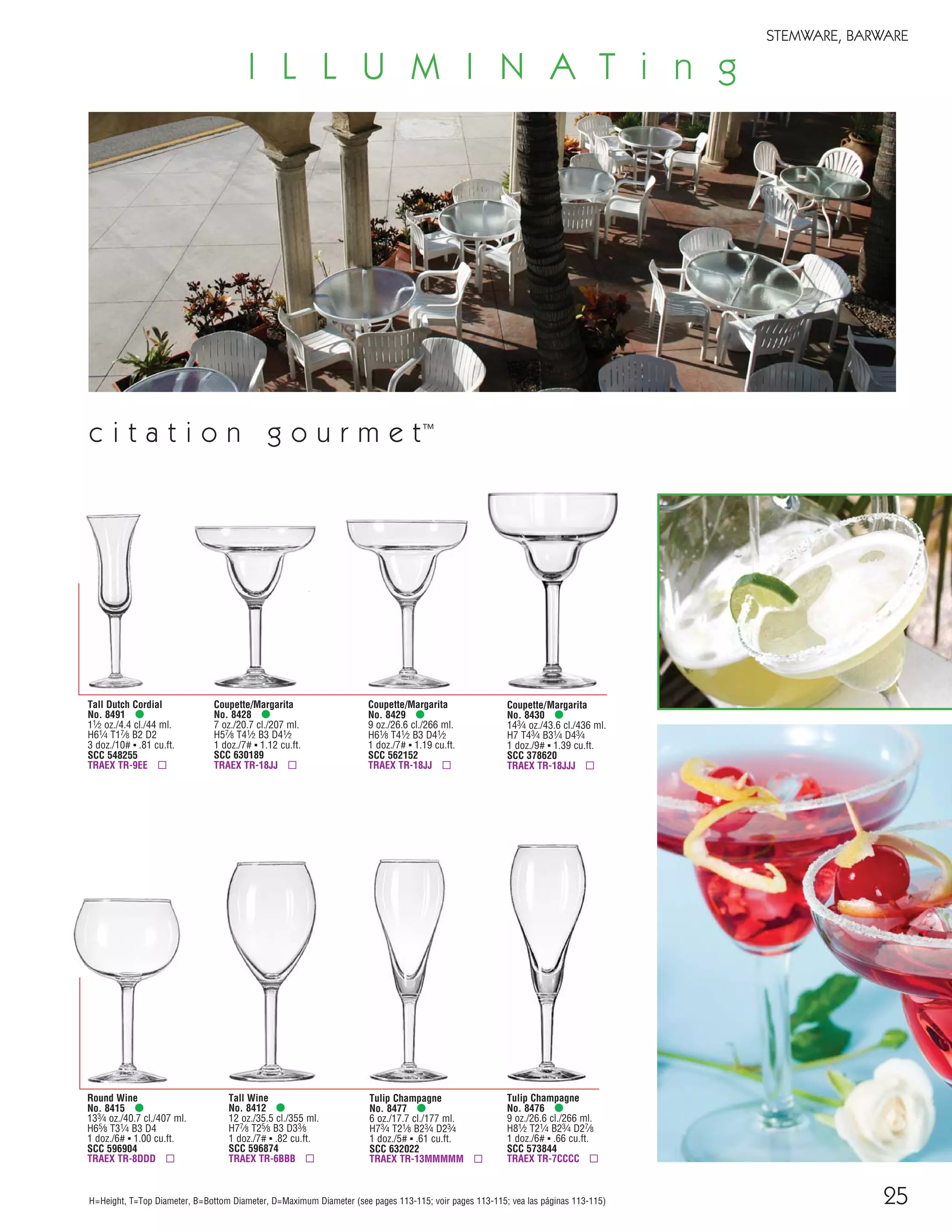 25
STEMWARE, BARWARE
H=Height, T=Top Diameter, B=Bottom Diameter, D=Maximum Diameter (see pages 113-115; voir pages 113-115; vea las páginas 113-115)
Tall Dutch Cordial
No. 8491 •
11⁄2 oz./4.4 cl./44 ml.
H61⁄4 T17⁄8 B2 D2
3 doz./10# ▪ .81 cu.ft.
SCC 548255
TRAEX TR-9EE ▫
Coupette/Margarita
No. 8428 •
7 oz./20.7 cl./207 ml.
H57⁄8 T41⁄2 B3 D41⁄2
1 doz./7# ▪ 1.12 cu.ft.
SCC 630189
TRAEX TR-18JJ ▫
Coupette/Margarita
No. 8429 •
9 oz./26.6 cl./266 ml.
H61⁄8 T41⁄2 B3 D41⁄2
1 doz./7# ▪ 1.19 cu.ft.
SCC 562152
TRAEX TR-18JJ ▫
Round Wine
No. 8415 •
133⁄4 oz./40.7 cl./407 ml.
H65⁄8 T31⁄4 B3 D4
1 doz./6# ▪ 1.00 cu.ft.
SCC 596904
TRAEX TR-8DDD ▫
Tall Wine
No. 8412 •
12 oz./35.5 cl./355 ml.
H77⁄8 T25⁄8 B3 D33⁄8
1 doz./7# ▪ .82 cu.ft.
SCC 596874
TRAEX TR-6BBB ▫
Tulip Champagne
No. 8477 •
6 oz./17.7 cl./177 ml.
H73⁄4 T21⁄8 B23⁄4 D23⁄4
1 doz./5# ▪ .61 cu.ft.
SCC 632022
TRAEX TR-13MMMMM ▫
Tulip Champagne
No. 8476 •
9 oz./26.6 cl./266 ml.
H81⁄2 T21⁄4 B23⁄4 D27⁄8
1 doz./6# ▪ .66 cu.ft.
SCC 573844
TRAEX TR-7CCCC ▫
c i t a t i o n g o u r m e t™
Coupette/Margarita
No. 8430 •
143⁄4 oz./43.6 cl./436 ml.
H7 T43⁄4 B31⁄4 D43⁄4
1 doz./9# ▪ 1.39 cu.ft.
SCC 378620
TRAEX TR-18JJJ ▫
I L L U M I N A T i n g
08FScat_13-34_StemBar_cen 11/6/08 7:43 AM Page 25
 