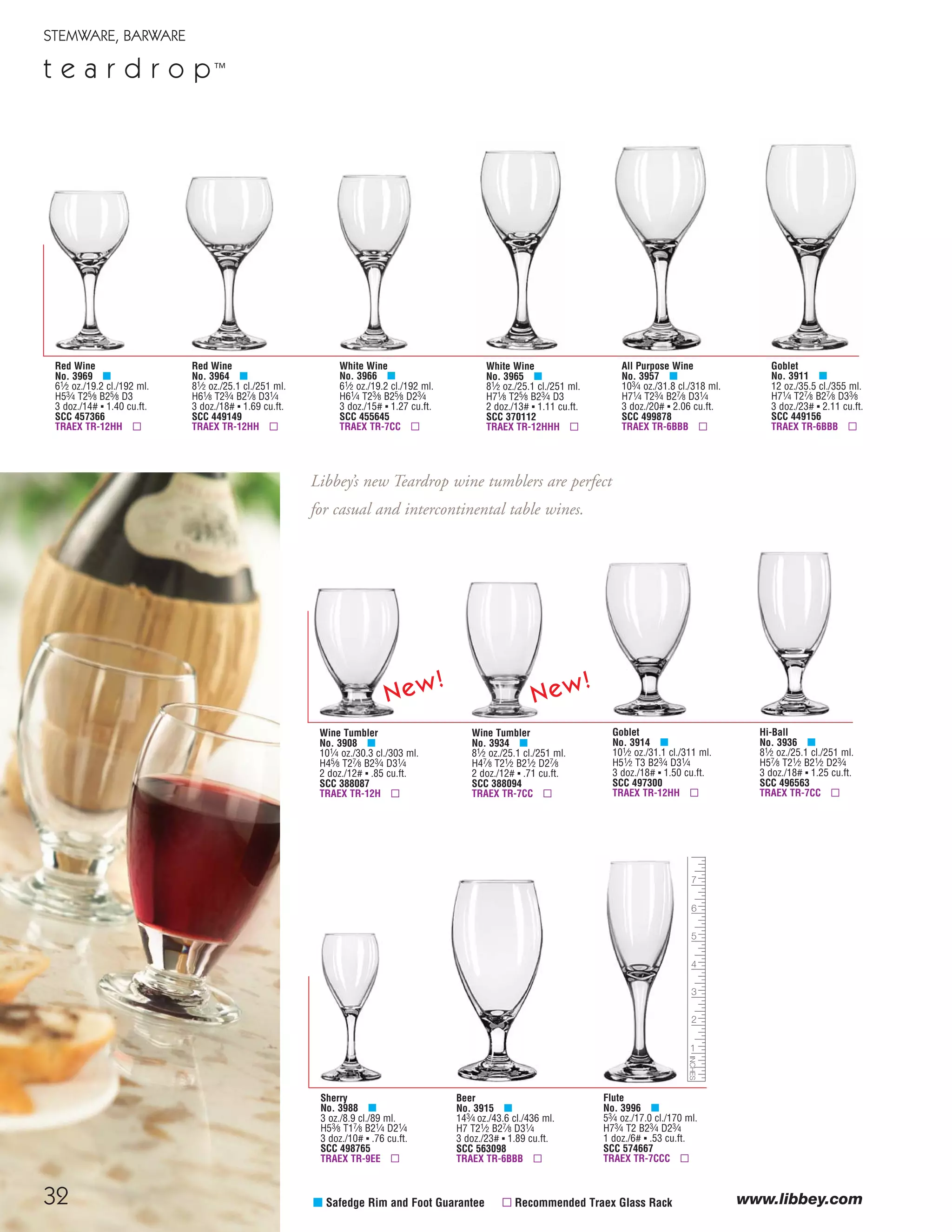 32
STEMWARE, BARWARE
www.libbey.com
Wine Tumbler
No. 3934 μ
81⁄2 oz./25.1 cl./251 ml.
H47⁄8 T21⁄2 B21⁄2 D27⁄8
2 doz./12# ▪ .71 cu.ft.
SCC 388094
TRAEX TR-7CC ▫
Wine Tumbler
No. 3908 μ
101⁄4 oz./30.3 cl./303 ml.
H45⁄8 T27⁄8 B23⁄4 D31⁄4
2 doz./12# ▪ .85 cu.ft.
SCC 388087
TRAEX TR-12H ▫
t e a r d r o p™
μ Safedge Rim and Foot Guarantee ▫ Recommended Traex Glass Rack
Goblet
No. 3911 μ
12 oz./35.5 cl./355 ml.
H71⁄4 T27⁄8 B27⁄8 D33⁄8
3 doz./23# ▪ 2.11 cu.ft.
SCC 449156
TRAEX TR-6BBB ▫
Goblet
No. 3914 μ
101⁄2 oz./31.1 cl./311 ml.
H51⁄2 T3 B23⁄4 D31⁄4
3 doz./18# ▪ 1.50 cu.ft.
SCC 497300
TRAEX TR-12HH ▫
Beer
No. 3915 μ
143⁄4 oz./43.6 cl./436 ml.
H7 T21⁄2 B27⁄8 D31⁄4
3 doz./23# ▪ 1.89 cu.ft.
SCC 563098
TRAEX TR-6BBB ▫
Flute
No. 3996 μ
53⁄4 oz./17.0 cl./170 ml.
H73⁄4 T2 B23⁄4 D23⁄4
1 doz./6# ▪ .53 cu.ft.
SCC 574667
TRAEX TR-7CCC ▫
Hi-Ball
No. 3936 μ
81⁄2 oz./25.1 cl./251 ml.
H57⁄8 T21⁄2 B21⁄2 D23⁄4
3 doz./18# ▪ 1.25 cu.ft.
SCC 496563
TRAEX TR-7CC ▫
Sherry
No. 3988 μ
3 oz./8.9 cl./89 ml.
H53⁄8 T17⁄8 B21⁄4 D21⁄4
3 doz./10# ▪ .76 cu.ft.
SCC 498765
TRAEX TR-9EE ▫
Red Wine
No. 3969 μ
61⁄2 oz./19.2 cl./192 ml.
H53⁄4 T25⁄8 B25⁄8 D3
3 doz./14# ▪ 1.40 cu.ft.
SCC 457366
TRAEX TR-12HH ▫
Red Wine
No. 3964 μ
81⁄2 oz./25.1 cl./251 ml.
H61⁄8 T23⁄4 B27⁄8 D31⁄4
3 doz./18# ▪ 1.69 cu.ft.
SCC 449149
TRAEX TR-12HH ▫
White Wine
No. 3966 μ
61⁄2 oz./19.2 cl./192 ml.
H61⁄4 T23⁄8 B25⁄8 D23⁄4
3 doz./15# ▪ 1.27 cu.ft.
SCC 455645
TRAEX TR-7CC ▫
White Wine
No. 3965 μ
81⁄2 oz./25.1 cl./251 ml.
H71⁄8 T25⁄8 B23⁄4 D3
2 doz./13# ▪ 1.11 cu.ft.
SCC 370112
TRAEX TR-12HHH ▫
All Purpose Wine
No. 3957 μ
103⁄4 oz./31.8 cl./318 ml.
H71⁄4 T23⁄4 B27⁄8 D31⁄4
3 doz./20# ▪ 2.06 cu.ft.
SCC 499878
TRAEX TR-6BBB ▫
Libbey’s new Teardrop wine tumblers are perfect
for casual and intercontinental table wines.
New!
New!
08FScat_13-34_StemBar_cen 11/17/08 9:03 AM Page 32
 