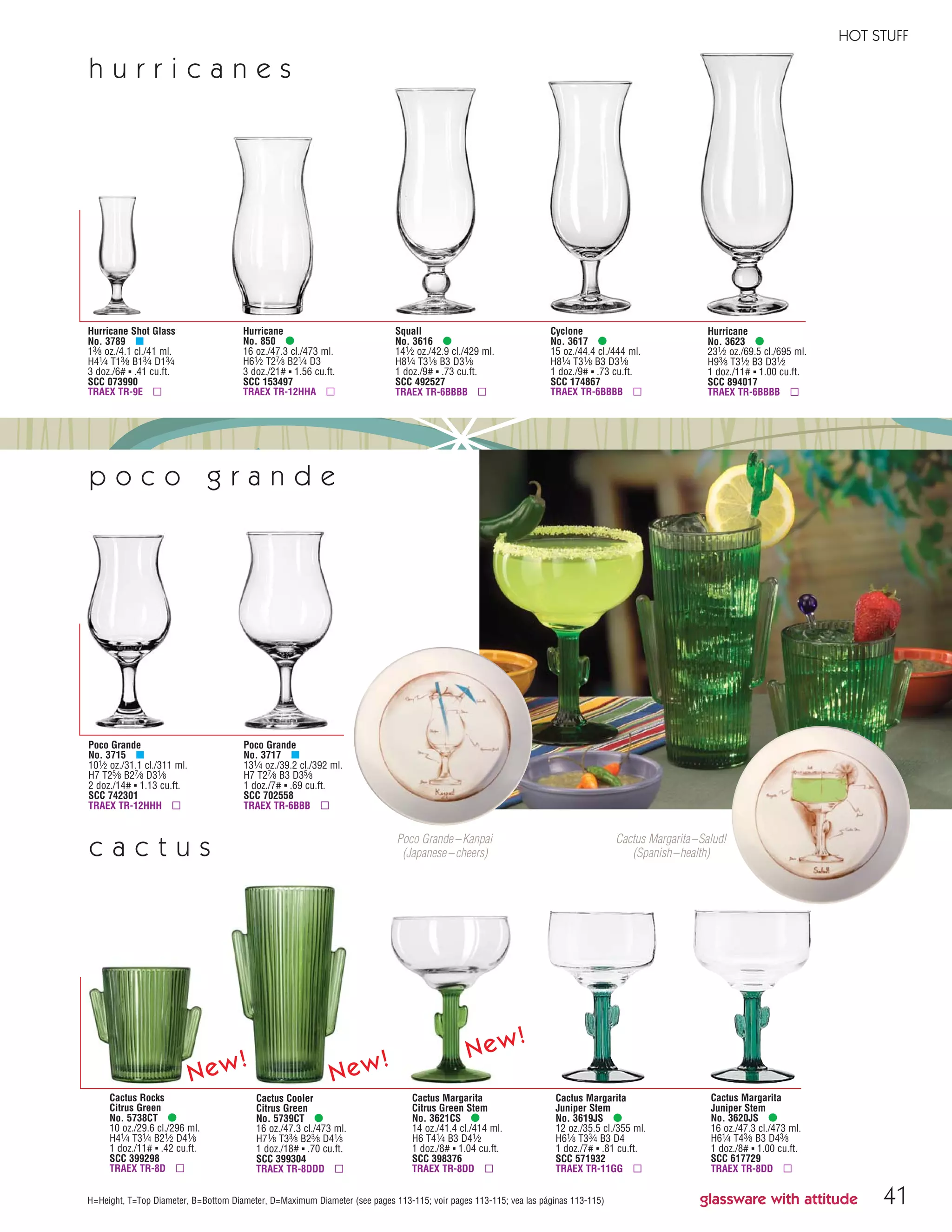 41
HOT STUFF
H=Height, T=Top Diameter, B=Bottom Diameter, D=Maximum Diameter (see pages 113-115; voir pages 113-115; vea las páginas 113-115)
h u r r i c a n e s
Hurricane Shot Glass
No. 3789 μ
13⁄8 oz./4.1 cl./41 ml.
H41⁄4 T13⁄8 B13⁄4 D13⁄4
3 doz./6# ▪ .41 cu.ft.
SCC 073990
TRAEX TR-9E ▫
Hurricane
No. 850 •
16 oz./47.3 cl./473 ml.
H61⁄2 T27⁄8 B21⁄4 D3
3 doz./21# ▪ 1.56 cu.ft.
SCC 153497
TRAEX TR-12HHA ▫
Squall
No. 3616 •
141⁄2 oz./42.9 cl./429 ml.
H81⁄4 T31⁄8 B3 D31⁄8
1 doz./9# ▪ .73 cu.ft.
SCC 492527
TRAEX TR-6BBBB ▫
Cyclone
No. 3617 •
15 oz./44.4 cl./444 ml.
H81⁄4 T31⁄8 B3 D31⁄8
1 doz./9# ▪ .73 cu.ft.
SCC 174867
TRAEX TR-6BBBB ▫
Hurricane
No. 3623 •
231⁄2 oz./69.5 cl./695 ml.
H93⁄8 T31⁄2 B3 D31⁄2
1 doz./11# ▪ 1.00 cu.ft.
SCC 894017
TRAEX TR-6BBBB ▫
Cactus Margarita
Juniper Stem
No. 3619JS •
12 oz./35.5 cl./355 ml.
H61⁄8 T33⁄4 B3 D4
1 doz./7# ▪ .81 cu.ft.
SCC 571932
TRAEX TR-11GG ▫
Cactus Margarita
Juniper Stem
No. 3620JS •
16 oz./47.3 cl./473 ml.
H61⁄4 T43⁄8 B3 D43⁄8
1 doz./8# ▪ 1.00 cu.ft.
SCC 617729
TRAEX TR-8DD ▫
Poco Grande
No. 3715 μ
101⁄2 oz./31.1 cl./311 ml.
H7 T25⁄8 B27⁄8 D31⁄8
2 doz./14# ▪ 1.13 cu.ft.
SCC 742301
TRAEX TR-12HHH ▫
Poco Grande
No. 3717 μ
131⁄4 oz./39.2 cl./392 ml.
H7 T27⁄8 B3 D35⁄8
1 doz./7# ▪ .69 cu.ft.
SCC 702558
TRAEX TR-6BBB ▫
c a c t u s
p o c o g r a n d e
glassware with attitude
Cactus Margarita–Salud!
(Spanish–health)
Poco Grande–Kanpai
(Japanese–cheers)
Cactus Cooler
Citrus Green
No. 5739CT •
16 oz./47.3 cl./473 ml.
H71⁄8 T33⁄8 B23⁄8 D41⁄8
1 doz./18# ▪ .70 cu.ft.
SCC 399304
TRAEX TR-8DDD ▫
Cactus Rocks
Citrus Green
No. 5738CT •
10 oz./29.6 cl./296 ml.
H41⁄4 T31⁄4 B21⁄2 D41⁄8
1 doz./11# ▪ .42 cu.ft.
SCC 399298
TRAEX TR-8D ▫
Cactus Margarita
Citrus Green Stem
No. 3621CS •
14 oz./41.4 cl./414 ml.
H6 T41⁄4 B3 D41⁄2
1 doz./8# ▪ 1.04 cu.ft.
SCC 398376
TRAEX TR-8DD ▫
New!
New!
New!
08FScat_36-49_HotStuff_cen 11/6/08 7:52 AM Page 41
 