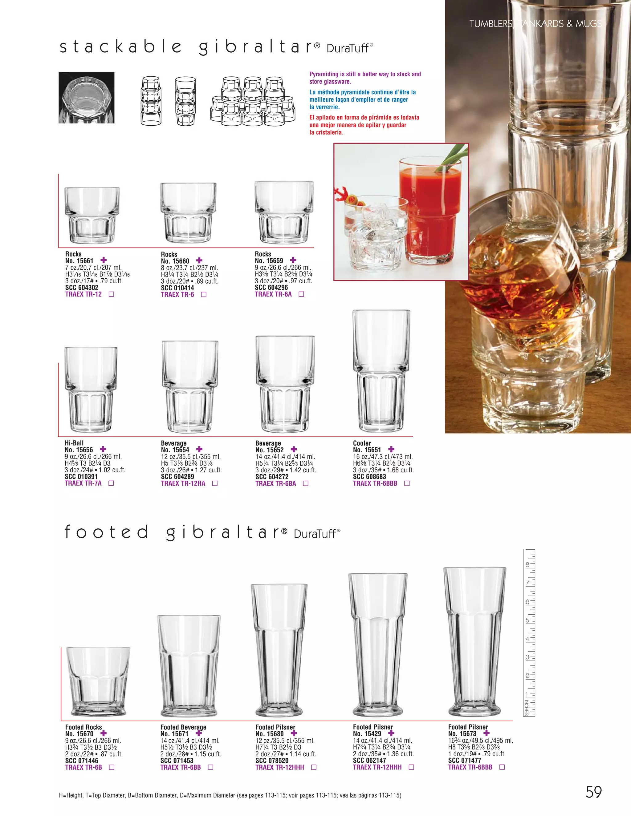 Rocks
No. 15660 ✚
8 oz./23.7 cl./237 ml.
H31⁄4 T31⁄4 B21⁄2 D31⁄4
3 doz./20# ▪ .89 cu.ft.
SCC 010414
TRAEX TR-6 ▫
Rocks
No. 15661 ✚
7 oz./20.7 cl./207 ml.
H31⁄16 T31⁄16 B17⁄8 D31⁄16
3 doz./17# ▪ .79 cu.ft.
SCC 604302
TRAEX TR-12 ▫
Rocks
No. 15659 ✚
9 oz./26.6 cl./266 ml.
H33⁄8 T31⁄4 B25⁄8 D31⁄4
3 doz./20# ▪ .97 cu.ft.
SCC 604296
TRAEX TR-6A ▫
Beverage
No. 15654 ✚
12 oz./35.5 cl./355 ml.
H5 T31⁄8 B23⁄8 D31⁄8
3 doz./26# ▪ 1.27 cu.ft.
SCC 604289
TRAEX TR-12HA ▫
Beverage
No. 15652 ✚
14 oz./41.4 cl./414 ml.
H51⁄4 T31⁄4 B25⁄8 D31⁄4
3 doz./29# ▪ 1.42 cu.ft.
SCC 604272
TRAEX TR-6BA ▫
Cooler
No. 15651 ✚
16 oz./47.3 cl./473 ml.
H65⁄8 T31⁄4 B21⁄2 D31⁄4
3 doz./36# ▪ 1.68 cu.ft.
SCC 608683
TRAEX TR-6BBB ▫
Hi-Ball
No. 15656 ✚
9 oz./26.6 cl./266 ml.
H45⁄8 T3 B21⁄4 D3
3 doz./24# ▪ 1.02 cu.ft.
SCC 010391
TRAEX TR-7A ▫
s t a c k a b l e g i b r a l t a r®
DuraTuff®
Footed Beverage
No. 15671 ✚
14 oz./41.4 cl./414 ml.
H51⁄2 T31⁄2 B3 D31⁄2
2 doz./28# ▪ 1.15 cu.ft.
SCC 071453
TRAEX TR-6BB ▫
Footed Pilsner
No. 15429 ✚
14 oz./41.4 cl./414 ml.
H73⁄4 T31⁄4 B23⁄4 D31⁄4
2 doz./35# ▪ 1.36 cu.ft.
SCC 062147
TRAEX TR-12HHH ▫
Footed Pilsner
No. 15673 ✚
163⁄4 oz./49.5 cl./495 ml.
H8 T33⁄8 B27⁄8 D33⁄8
1 doz./19# ▪ .79 cu.ft.
SCC 071477
TRAEX TR-6BBB ▫
Footed Pilsner
No. 15680 ✚
12 oz./35.5 cl./355 ml.
H71⁄4 T3 B21⁄2 D3
2 doz./27# ▪ 1.14 cu.ft.
SCC 078520
TRAEX TR-12HHH ▫
Footed Rocks
No. 15670 ✚
9 oz./26.6 cl./266 ml.
H33⁄4 T31⁄2 B3 D31⁄2
2 doz./22# ▪ .87 cu.ft.
SCC 071446
TRAEX TR-6B ▫
f o o t e d g i b r a l t a r®
DuraTuff®
Pyramiding is still a better way to stack and
store glassware.
La méthode pyramidale continue d’être la
meilleure façon d’empiler et de ranger
la verrerrie.
El apilado en forma de pirámide es todavía
una mejor manera de apilar y guardar
la cristalería.
59
TUMBLERS, TANKARDS & MUGS
H=Height, T=Top Diameter, B=Bottom Diameter, D=Maximum Diameter (see pages 113-115; voir pages 113-115; vea las páginas 113-115)
08FScat_50-75_TumbMugs-A_cen 11/6/08 8:11 AM Page 59
 