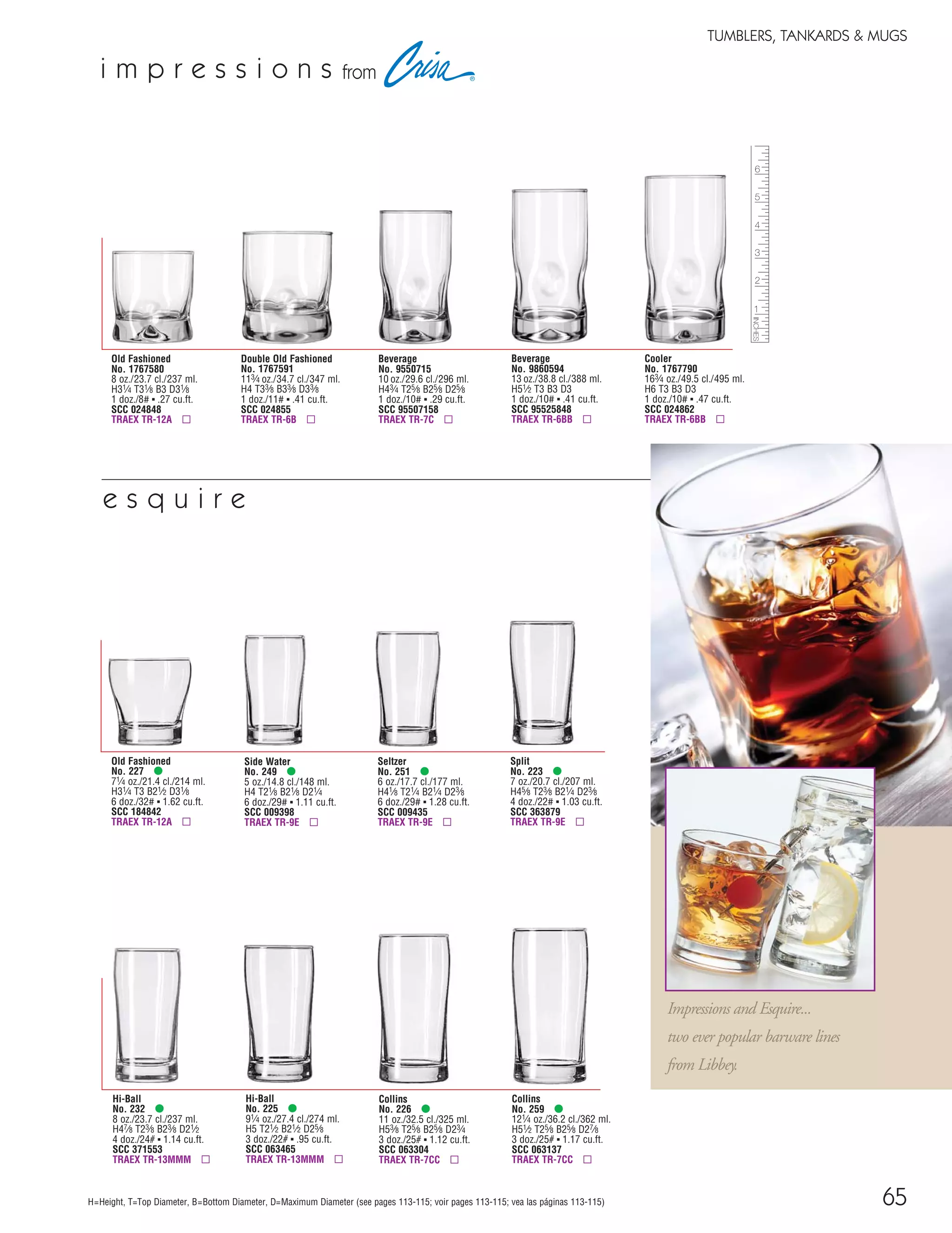 56 www.libbey.com
Double Rocks
No. 15233 ✚
13 oz./38.5 cl./385 ml.
H41⁄8 T33⁄4 B23⁄4 D33⁄4
3 doz./32# ▪ 1.51 cu.ft.
SCC 105380
TRAEX TR-11G ▫
Rocks
No. 15248 ✚
41⁄2 oz./13.3 cl./133 ml.
H31⁄8 T3 B21⁄8 D3
3 doz./21# ▪ .71 cu.ft.
SCC 109005
TRAEX TR-7 ▫
Rocks
No. 15249 ✚
51⁄2 oz./16.3 cl./163 ml.
H31⁄8 T3 B21⁄8 D3
3 doz./16# ▪ .73 cu.ft.
SCC 108992
TRAEX TR-12 ▫
Rocks
No. 15241 ✚
7 oz./20.7 cl./207 ml.
H31⁄4 T31⁄8 B21⁄4 D31⁄8
3 doz./18# ▪ .85 cu.ft.
SCC 733088
TRAEX TR-12A ▫
Tall Rocks
No. 15245 ✚
7 oz./20.7 cl./207 ml.
H33⁄8 T31⁄4 B21⁄2 D31⁄4
3 doz./26# ▪ .97 cu.ft.
SCC 109012
TRAEX TR-6A ▫
Rocks
No. 15240 ✚
8 oz./23.7 cl./237 ml.
H35⁄8 T33⁄8 B21⁄2 D33⁄8
3 doz./27# ▪ 1.07 cu.ft.
SCC 007691
TRAEX TR-6B ▫
Rocks
No. 15242 ✚
9 oz./26.6 cl./266 ml.
H35⁄8 T33⁄8 B21⁄2 D33⁄8
3 doz./22# ▪ 1.07 cu.ft.
SCC 733187
TRAEX TR-6A ▫
Tall Rocks
No. 15231 ✚
9 oz./26.6 cl./266 ml.
H37⁄8 T31⁄2 B21⁄2 D31⁄2
3 doz./29# ▪ 1.19 cu.ft.
SCC 105366
TRAEX TR-6B ▫
Rocks
No. 15232 ✚
10 oz./29.6 cl./296 ml.
H37⁄8 T31⁄2 B21⁄2 D31⁄2
3 doz./27# ▪ 1.19 cu.ft.
SCC 105373
TRAEX TR-6B ▫
Double Rocks
No. 15243 ✚
12 oz./35.5 cl./355 ml.
H4 T35⁄8 B23⁄4 D35⁄8
3 doz./27# ▪ 1.30 cu.ft.
SCC 733200
TRAEX TR-11G ▫
Hi-Ball
No. 15239 ✚
7 oz./20.7 cl./207 ml.
H41⁄2 T25⁄8 B21⁄4 D25⁄8
3 doz./20# ▪ .83 cu.ft.
SCC 019007
TRAEX TR-13MMM ▫
Hi-Ball
No. 15236 ✚
9 oz./26.6 cl./266 ml.
H43⁄4 T31⁄8 B21⁄2 D31⁄8
3 doz./33# ▪ 1.18 cu.ft.
SCC 057979
TRAEX TR-12HA ▫
Beverage
No. 15237 ✚
10 oz./29.6 cl./296 ml.
H43⁄4 T31⁄8 B21⁄2 D31⁄8
3 doz./31# ▪ 1.18 cu.ft.
SCC 056712
TRAEX TR-12HA ▫
Beverage
No. 15238 ✚
12 oz./35.5 cl./355 ml.
H47⁄8 T31⁄4 B25⁄8 D31⁄4
3 doz./36# ▪ 1.39 cu.ft.
SCC 056729
TRAEX TR-6BA ▫
✚ DuraTuff ▫ Recommended Traex Glass Rack
Cooler
No. 15235 ✚
12 oz./35.5 cl./355 ml.
H57⁄8 T31⁄8 B21⁄4 D31⁄8
3 doz./32# ▪ 1.47 cu.ft.
SCC 142477
TRAEX TR-12HH ▫
Cooler
No. 15256 ✚
16 oz./47.3 cl./473 ml.
H63⁄8 T33⁄8 B21⁄2 D33⁄8
2 doz./29# ▪ 1.31 cu.ft.
SCC 063403
TRAEX TR-6BB ▫
Iced Tea
No. 15253 ✚
22 oz./65.1 cl./651 ml.
H7 T33⁄4 B23⁄4 D33⁄4
2 doz./38# ▪ 1.72 cu.ft.
SCC 867462
TRAEX TR-11GGG ▫
Cooler
No. 15665 ✚
20 oz./59.2 cl./592 ml.
H63⁄4 T33⁄4 B25⁄8 D33⁄4
2 doz./29# ▪ 1.57 cu.ft.
SCC 063267
TRAEX TR-11GGG ▫
Mixing Glass
No. 15230 ✚
16 oz./47.3 cl./473 ml.
H57⁄8 T31⁄2 B21⁄2 D31⁄2
2 doz./26# ▪ 1.27 cu.ft.
SCC 025791
TRAEX TR-6BB ▫
Explore new horizons with inspiring
new cocktails in our traditional
Gibraltar glassware
TUMBLERS, TANKARDS & MUGS
g i b r a l t a r®
DuraTuff®
Cooler
No. 1767790
163⁄4 oz./49.5 cl./495 ml.
H6 T3 B3 D3
1 doz./10# ▪ .47 cu.ft.
SCC 024862
TRAEX TR-6BB ▫
65
TUMBLERS, TANKARDS & MUGS
H=Height, T=Top Diameter, B=Bottom Diameter, D=Maximum Diameter (see pages 113-115; voir pages 113-115; vea las páginas 113-115)
Old Fashioned
No. 1767580
8 oz./23.7 cl./237 ml.
H31⁄4 T31⁄8 B3 D31⁄8
1 doz./8# ▪ .27 cu.ft.
SCC 024848
TRAEX TR-12A ▫
Double Old Fashioned
No. 1767591
113⁄4 oz./34.7 cl./347 ml.
H4 T33⁄8 B33⁄8 D33⁄8
1 doz./11# ▪ .41 cu.ft.
SCC 024855
TRAEX TR-6B ▫
Beverage
No. 9550715
10 oz./29.6 cl./296 ml.
H43⁄4 T25⁄8 B25⁄8 D25⁄8
1 doz./10# ▪ .29 cu.ft.
SCC 95507158
TRAEX TR-7C ▫
Beverage
No. 9860594
13 oz./38.8 cl./388 ml.
H51⁄2 T3 B3 D3
1 doz./10# ▪ .41 cu.ft.
SCC 95525848
TRAEX TR-6BB ▫
Side Water
No. 249 •
5 oz./14.8 cl./148 ml.
H4 T21⁄8 B21⁄8 D21⁄4
6 doz./29# ▪ 1.11 cu.ft.
SCC 009398
TRAEX TR-9E ▫
Seltzer
No. 251 •
6 oz./17.7 cl./177 ml.
H41⁄8 T21⁄4 B21⁄4 D23⁄8
6 doz./29# ▪ 1.28 cu.ft.
SCC 009435
TRAEX TR-9E ▫
Old Fashioned
No. 227 •
71⁄4 oz./21.4 cl./214 ml.
H31⁄4 T3 B21⁄2 D31⁄8
6 doz./32# ▪ 1.62 cu.ft.
SCC 184842
TRAEX TR-12A ▫
Split
No. 223 •
7 oz./20.7 cl./207 ml.
H45⁄8 T23⁄8 B21⁄4 D23⁄8
4 doz./22# ▪ 1.03 cu.ft.
SCC 363879
TRAEX TR-9E ▫
Hi-Ball
No. 232 •
8 oz./23.7 cl./237 ml.
H47⁄8 T23⁄8 B23⁄8 D21⁄2
4 doz./24# ▪ 1.14 cu.ft.
SCC 371553
TRAEX TR-13MMM ▫
Hi-Ball
No. 225 •
91⁄4 oz./27.4 cl./274 ml.
H5 T21⁄2 B21⁄2 D25⁄8
3 doz./22# ▪ .95 cu.ft.
SCC 063465
TRAEX TR-13MMM ▫
Collins
No. 226 •
11 oz./32.5 cl./325 ml.
H53⁄8 T25⁄8 B25⁄8 D23⁄4
3 doz./25# ▪ 1.12 cu.ft.
SCC 063304
TRAEX TR-7CC ▫
Collins
No. 259 •
121⁄4 oz./36.2 cl./362 ml.
H51⁄2 T25⁄8 B25⁄8 D27⁄8
3 doz./25# ▪ 1.17 cu.ft.
SCC 063137
TRAEX TR-7CC ▫
e s q u i r e
fromi m p r e s s i o n s
Impressions and Esquire...
two ever popular barware lines
from Libbey.
Beverage
No. 15244 ✚
14 oz./41.4 cl./414 ml.
H51⁄8 T31⁄2 B23⁄4 D31⁄2
3 doz./37# ▪ 1.60 cu.ft.
SCC 733224
TRAEX TR-6BB ▫
Super Mug
No. 5262
34 oz./99.8 cl./998 ml.
H8 T4 B4 D6
1 doz./39# ▪ 1.50 cu.ft.
SCC 001392
TRAEX TR-10FFA ▫
Liter Pitcher
No. 5263
34 oz./99.8 cl./998 ml.
H85⁄8 T4 B4 D61⁄4
1 doz./38# ▪ 1.61 cu.ft.
SCC 001408
TRAEX TR-10FFFA ▫
08_6pgGibraltar_56-65_cen 11/6/08 8:58 AM Page 1
 