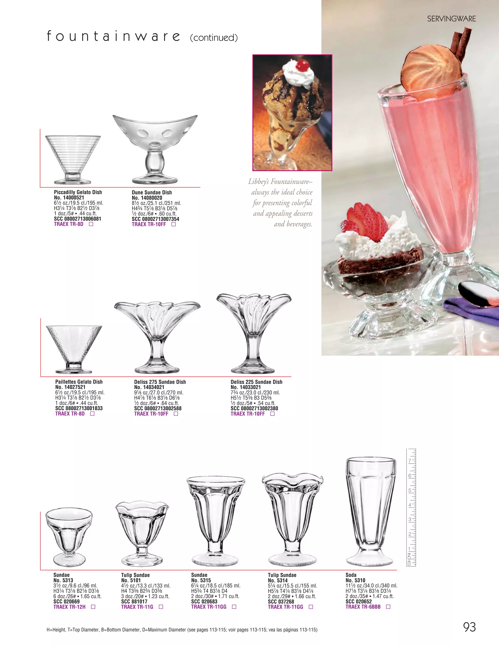 Libbey’s Fountainware–
always the ideal choice
for presenting colorful
and appealing desserts
and beverages.
93
SERVINGWARE
H=Height, T=Top Diameter, B=Bottom Diameter, D=Maximum Diameter (see pages 113-115; voir pages 113-115; vea las páginas 113-115)
Dune Sundae Dish
No. 14080020
81⁄2 oz./25.1 cl./251 ml.
H43⁄4 T57⁄8 B31⁄8 D57⁄8
1⁄2 doz./6# ▪ .60 cu.ft.
SCC 08002713007354
TRAEX TR-10FF ▫
Deliss 275 Sundae Dish
No. 14034021
91⁄8 oz./27.0 cl./270 ml.
H47⁄8 T61⁄8 B31⁄8 D61⁄8
1⁄2 doz./6# ▪ .64 cu.ft.
SCC 08002713002588
TRAEX TR-10FF ▫
Piccadilly Gelato Dish
No. 14000521
61⁄2 oz./19.5 cl./195 ml.
H31⁄4 T37⁄8 B21⁄2 D37⁄8
1 doz./5# ▪ .44 cu.ft.
SCC 08002713006081
TRAEX TR-8D ▫
Paillettes Gelato Dish
No. 14027521
61⁄2 oz./19.5 cl./195 ml.
H31⁄4 T37⁄8 B21⁄2 D37⁄8
1 doz./6# ▪ .44 cu.ft.
SCC 08002713001833
TRAEX TR-8D ▫
Deliss 225 Sundae Dish
No. 14033021
73⁄4 oz./23.0 cl./230 ml.
H51⁄2 T53⁄8 B3 D53⁄8
1⁄2 doz./5# ▪ .54 cu.ft.
SCC 08002713002380
TRAEX TR-10FF ▫
Sundae
No. 5315
61⁄4 oz./18.5 cl./185 ml.
H53⁄4 T4 B31⁄8 D4
2 doz./30# ▪ 1.71 cu.ft.
SCC 020683
TRAEX TR-11GG ▫
Tulip Sundae
No. 5314
51⁄4 oz./15.5 cl./155 ml.
H57⁄8 T41⁄4 B31⁄8 D41⁄4
2 doz./29# ▪ 1.66 cu.ft.
SCC 037268
TRAEX TR-11GG ▫
Soda
No. 5310
111⁄2 oz./34.0 cl./340 ml.
H71⁄8 T31⁄4 B31⁄8 D31⁄4
2 doz./35# ▪ 1.47 cu.ft.
SCC 020652
TRAEX TR-6BBB ▫
Sundae
No. 5313
31⁄2 oz./9.6 cl./96 ml.
H31⁄4 T31⁄8 B21⁄8 D31⁄8
6 doz./26# ▪ 1.65 cu.ft.
SCC 020669
TRAEX TR-12H ▫
Tulip Sundae
No. 5101
41⁄2 oz./13.3 cl./133 ml.
H4 T33⁄8 B23⁄4 D33⁄8
3 doz./20# ▪ 1.23 cu.ft.
SCC 881017
TRAEX TR-11G ▫
f o u n t a i n w a r e (continued)
08FScat_89-103_ServWareAcc_cen 11/6/08 10:05 AM Page 93
 