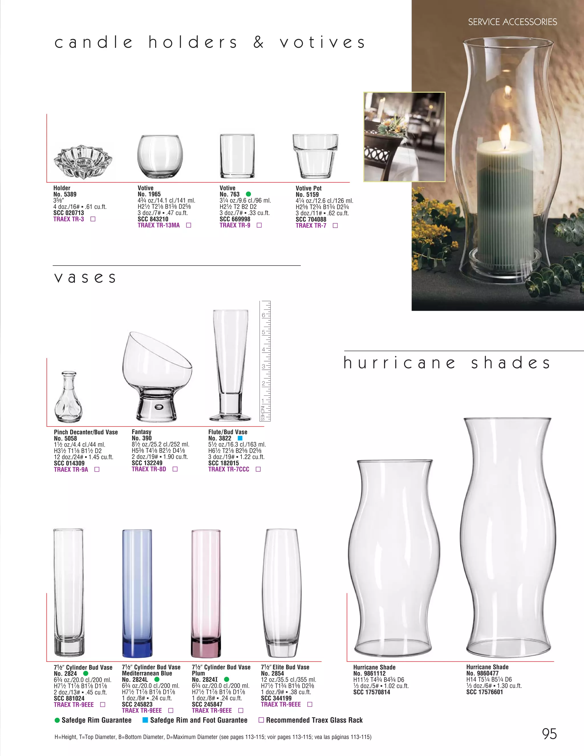 95
SERVICE ACCESSORIES
H=Height, T=Top Diameter, B=Bottom Diameter, D=Maximum Diameter (see pages 113-115; voir pages 113-115; vea las páginas 113-115)
Pinch Decanter/Bud Vase
No. 5058
11⁄2 oz./4.4 cl./44 ml.
H31⁄2 T11⁄8 B11⁄2 D2
12 doz./24# ▪ 1.45 cu.ft.
SCC 014309
TRAEX TR-9A ▫
Votive
No. 763 •
31⁄4 oz./9.6 cl./96 ml.
H21⁄2 T2 B2 D2
3 doz./7# ▪ .33 cu.ft.
SCC 669998
TRAEX TR-9 ▫
Votive
No. 1965
43⁄4 oz./14.1 cl./141 ml.
H21⁄2 T21⁄8 B13⁄8 D25⁄8
3 doz./7# ▪ .47 cu.ft.
SCC 843210
TRAEX TR-13MA ▫
Holder
No. 5389
35⁄8"
4 doz./16# ▪ .61 cu.ft.
SCC 020713
TRAEX TR-3 ▫
Votive Pot
No. 5159
41⁄4 oz./12.6 cl./126 ml.
H25⁄8 T23⁄4 B13⁄4 D23⁄4
3 doz./11# ▪ .62 cu.ft.
SCC 704088
TRAEX TR-7 ▫
Flute/Bud Vase
No. 3822 μ
51⁄2 oz./16.3 cl./163 ml.
H61⁄2 T21⁄8 B25⁄8 D25⁄8
3 doz./19# ▪ 1.22 cu.ft.
SCC 182015
TRAEX TR-7CCC ▫
71⁄2" Cylinder Bud Vase
No. 2824 •
63⁄4 oz./20.0 cl./200 ml.
H71⁄2 T17⁄8 B17⁄8 D17⁄8
2 doz./13# ▪ .45 cu.ft.
SCC 881024
TRAEX TR-9EEE ▫
Fantasy
No. 390
81⁄2 oz./25.2 cl./252 ml.
H53⁄8 T41⁄8 B21⁄2 D41⁄8
2 doz./19# ▪ 1.90 cu.ft.
SCC 132249
TRAEX TR-8D ▫
Hurricane Shade
No. 9860477
H14 T51⁄4 B51⁄4 D6
1⁄3 doz./6# ▪ 1.30 cu.ft.
SCC 17576601
Hurricane Shade
No. 9861112
H111⁄2 T43⁄4 B43⁄4 D6
1⁄3 doz./5# ▪ 1.02 cu.ft.
SCC 17570814
71⁄2" Elite Bud Vase
No. 2854
12 oz./35.5 cl./355 ml.
H71⁄2 T13⁄4 B15⁄8 D23⁄8
1 doz./9# ▪ .38 cu.ft.
SCC 344199
TRAEX TR-9EEE ▫
h u r r i c a n e s h a d e s
v a s e s
c a n d l e h o l d e r s & v o t i v e s
71⁄2" Cylinder Bud Vase
Plum
No. 2824I •
63⁄4 oz./20.0 cl./200 ml.
H71⁄2 T17⁄8 B17⁄8 D17⁄8
1 doz./8# ▪ .24 cu.ft.
SCC 245847
TRAEX TR-9EEE ▫
71⁄2" Cylinder Bud Vase
Mediterranean Blue
No. 2824L •
63⁄4 oz./20.0 cl./200 ml.
H71⁄2 T17⁄8 B17⁄8 D17⁄8
1 doz./8# ▪ .24 cu.ft.
SCC 245823
TRAEX TR-9EEE ▫
• Safedge Rim Guarantee μ Safedge Rim and Foot Guarantee ▫ Recommended Traex Glass Rack
08FScat_89-103_ServWareAcc_cen 11/6/08 10:06 AM Page 95
 