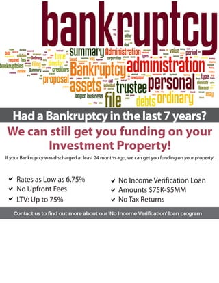 HadaBankruptcyinthelast7years?
Rates as Low as 6.75%
No Upfront Fees
LTV: Up to 75%
No Income Verification Loan
Amounts $75K-$5MM
No Tax Returns
Contact us to find out more about our 'No Income Verification' loan program
We can still get you funding on your
Investment Property!
If your Bankruptcy was discharged at least 24 months ago, we can get you funding on your property!






TITANS CAPITAL PARTNERS
www.titanscapitalcommercialmtg.com 1888-779-2348 X821
Contact:Antoinette Jackson Cell: 484-402-7878
 