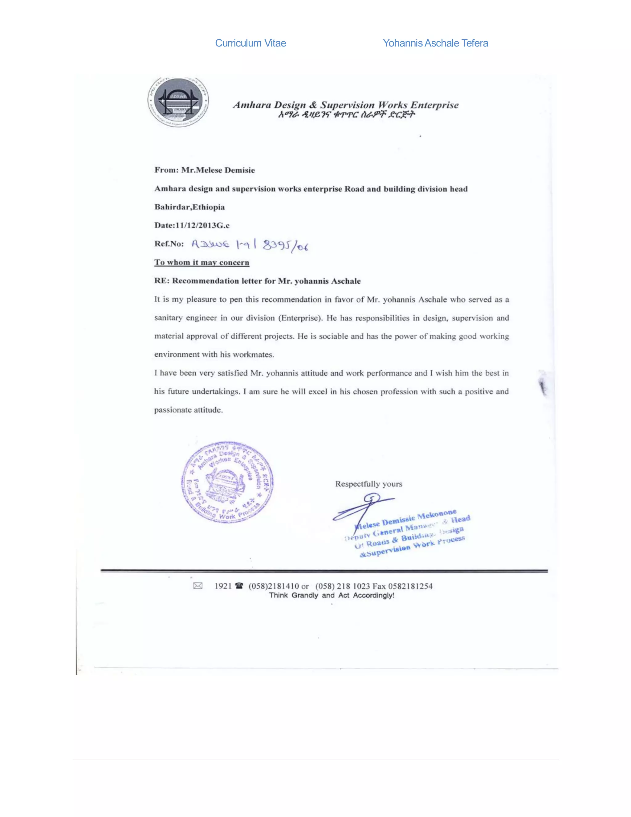 Curriculum Vitae YohannisAschale Tefera
 