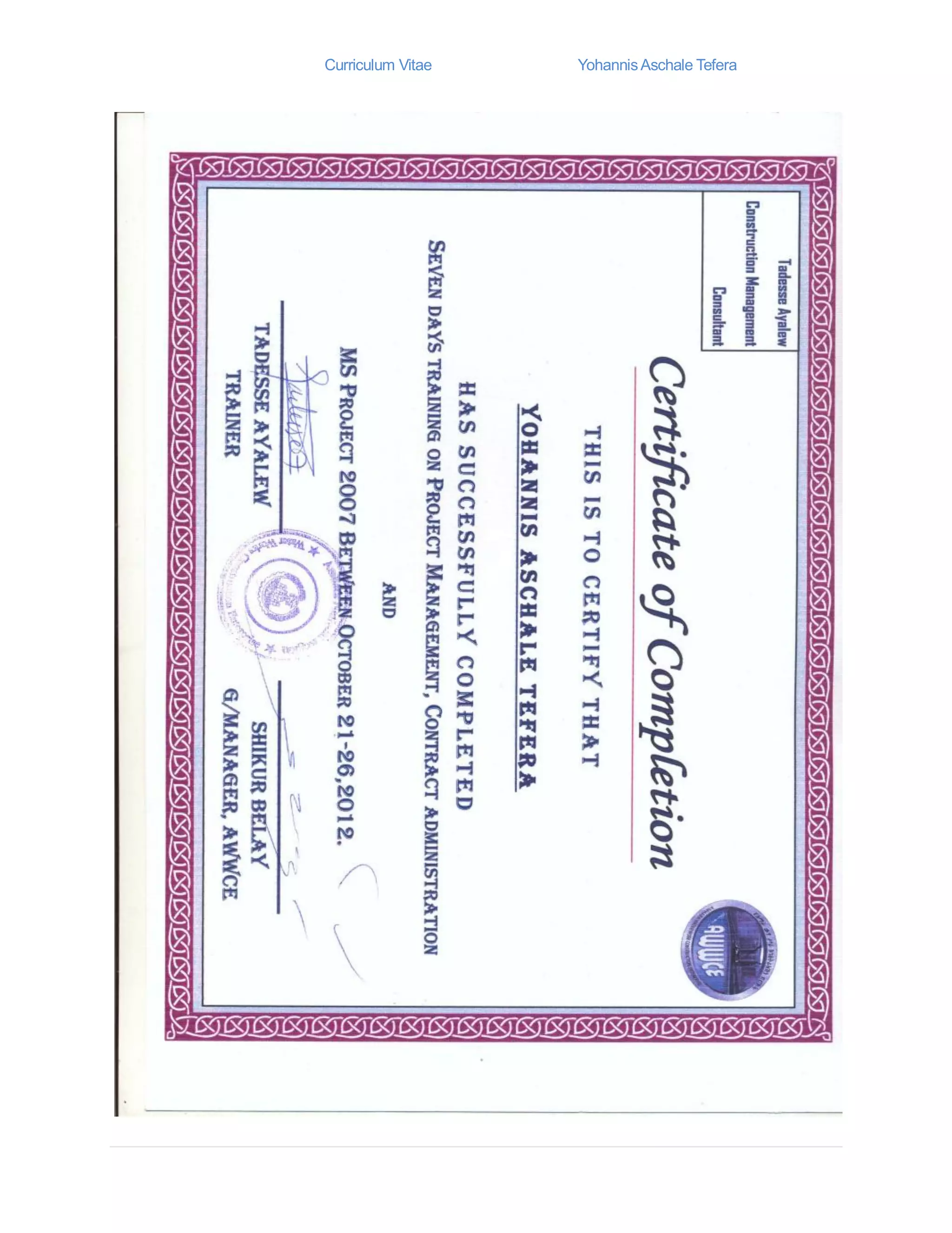 Curriculum Vitae YohannisAschale Tefera
 