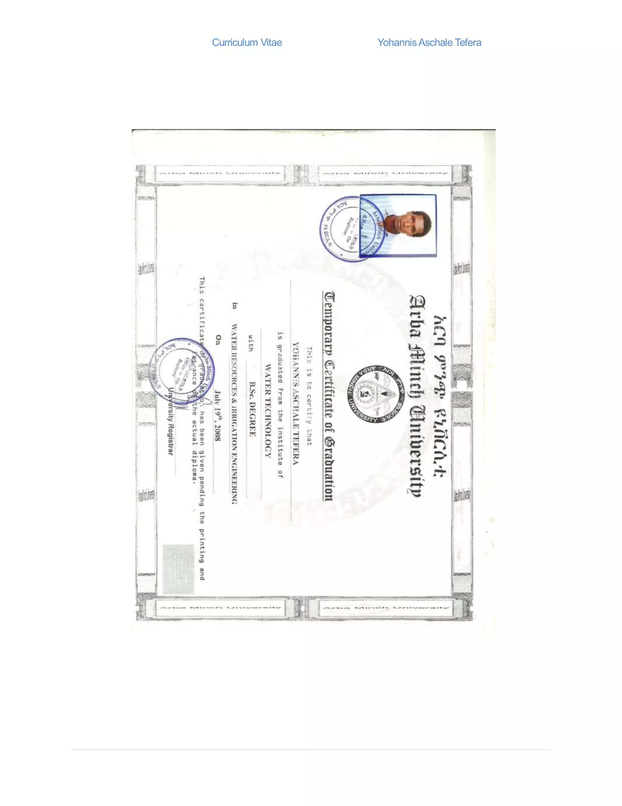 Curriculum Vitae YohannisAschale Tefera
 