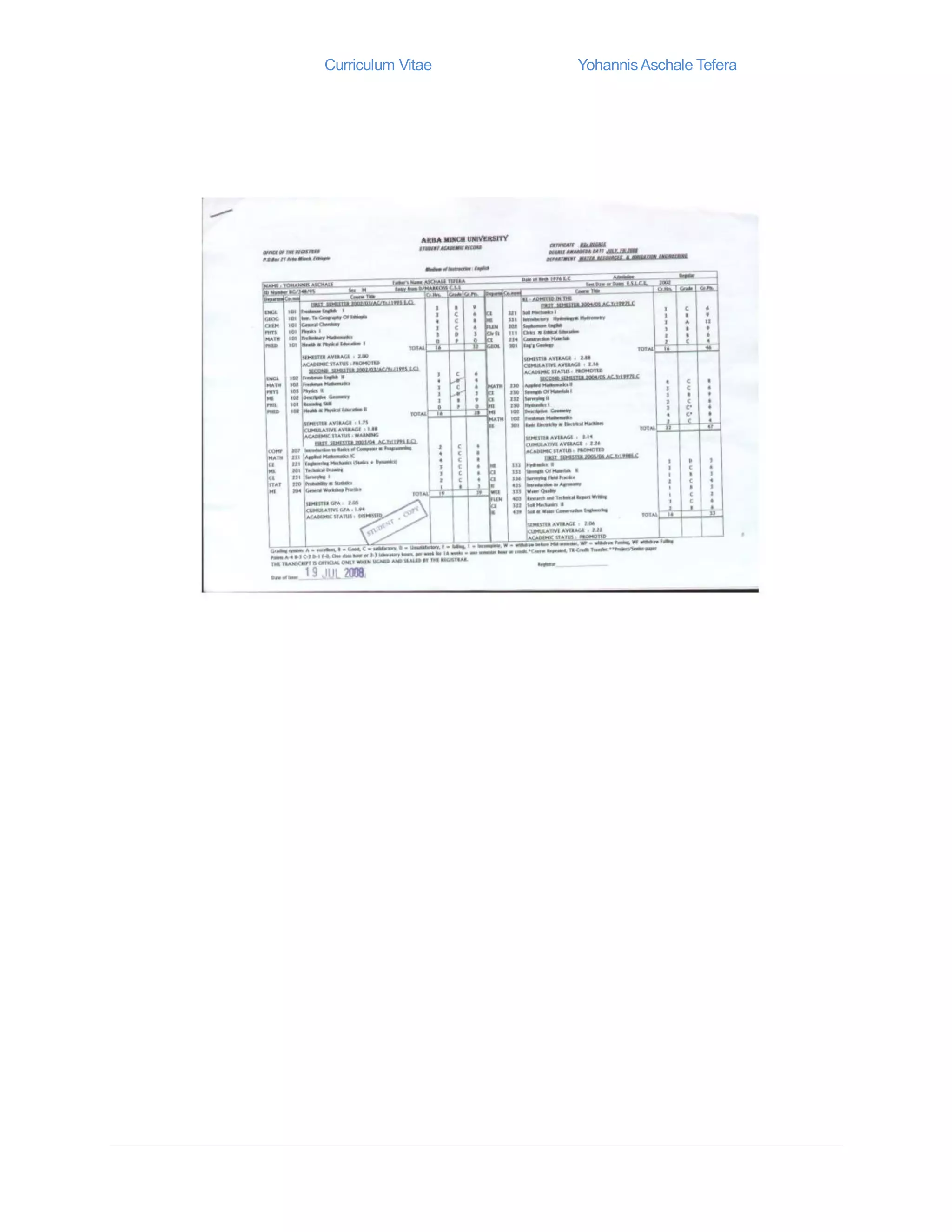 Curriculum Vitae YohannisAschale Tefera
 