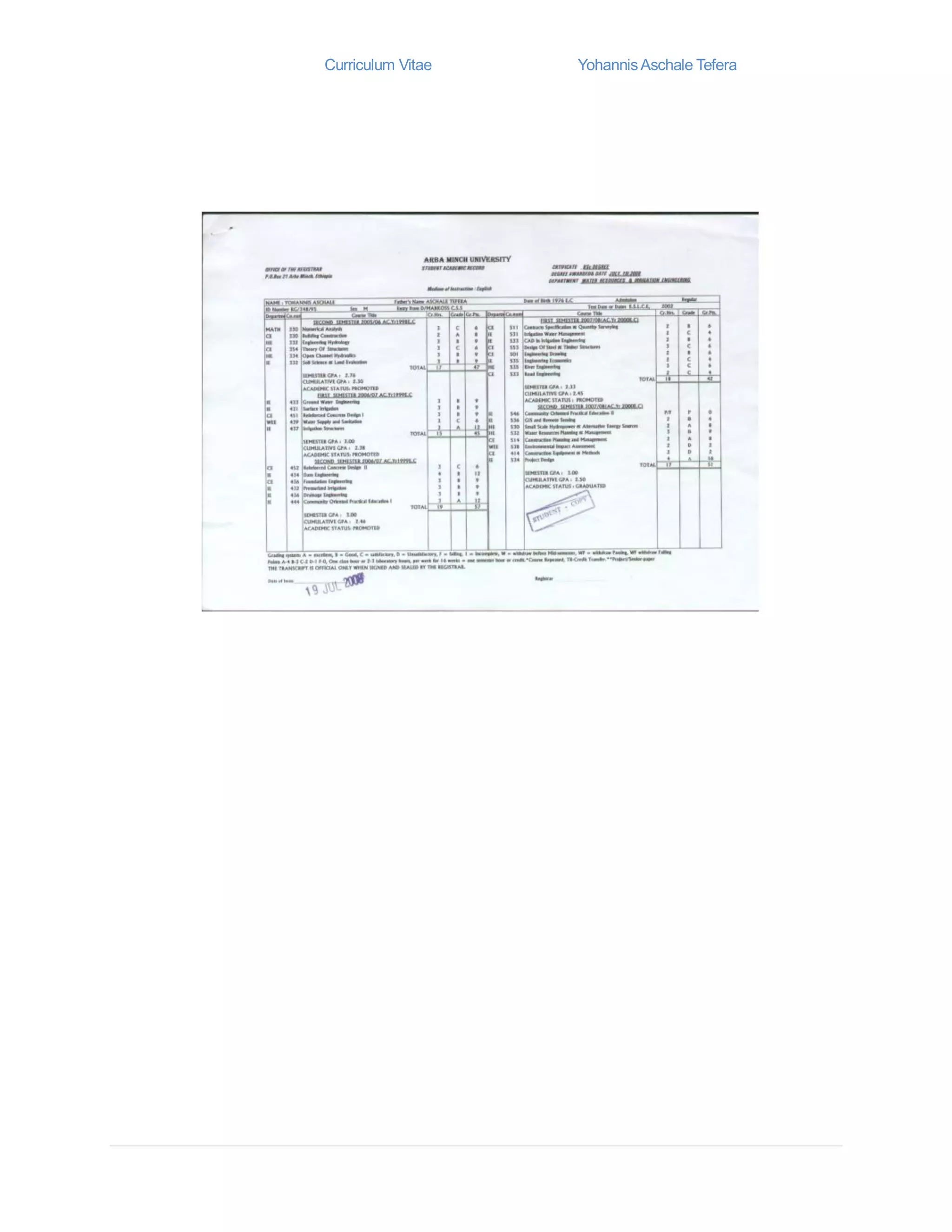 Curriculum Vitae YohannisAschale Tefera
 