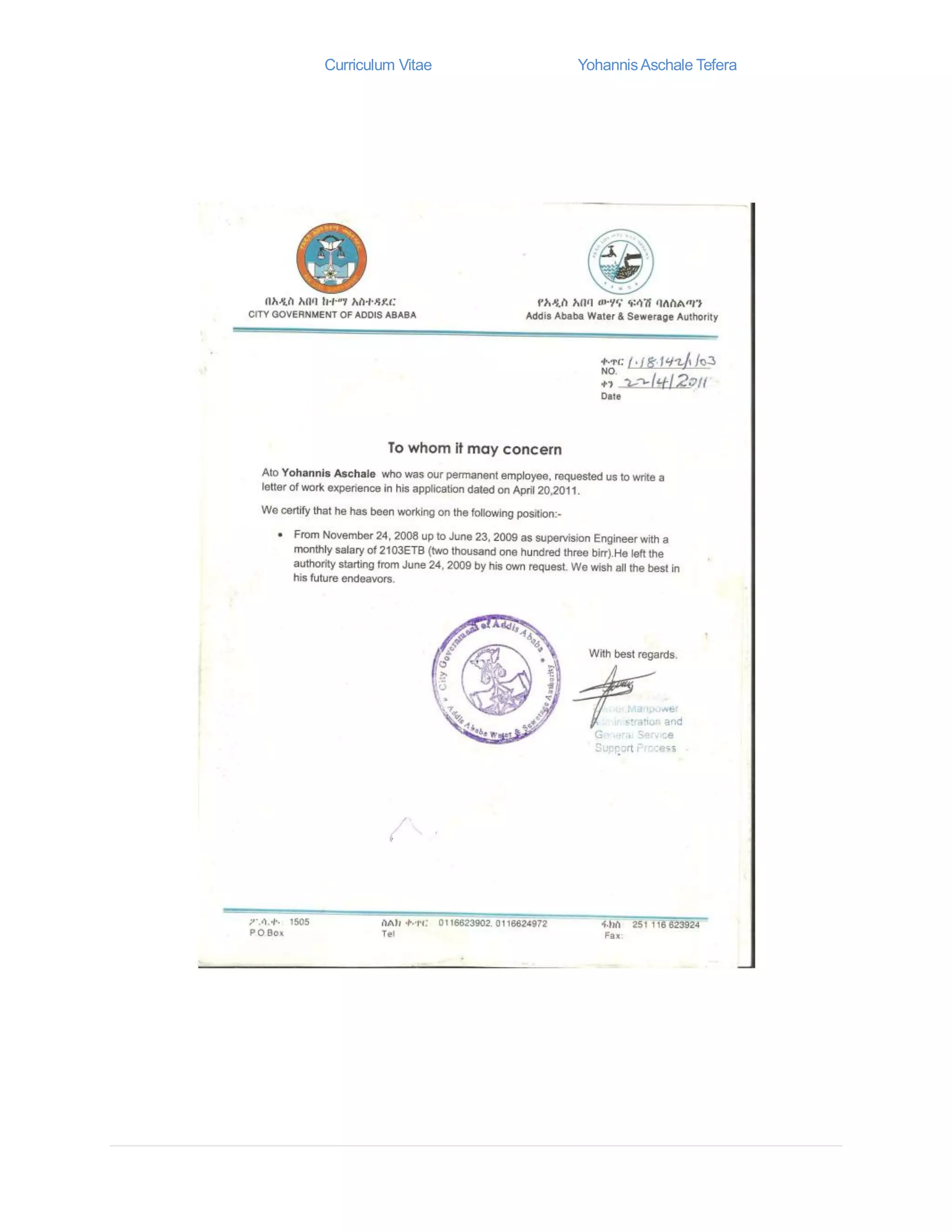 Curriculum Vitae YohannisAschale Tefera
 