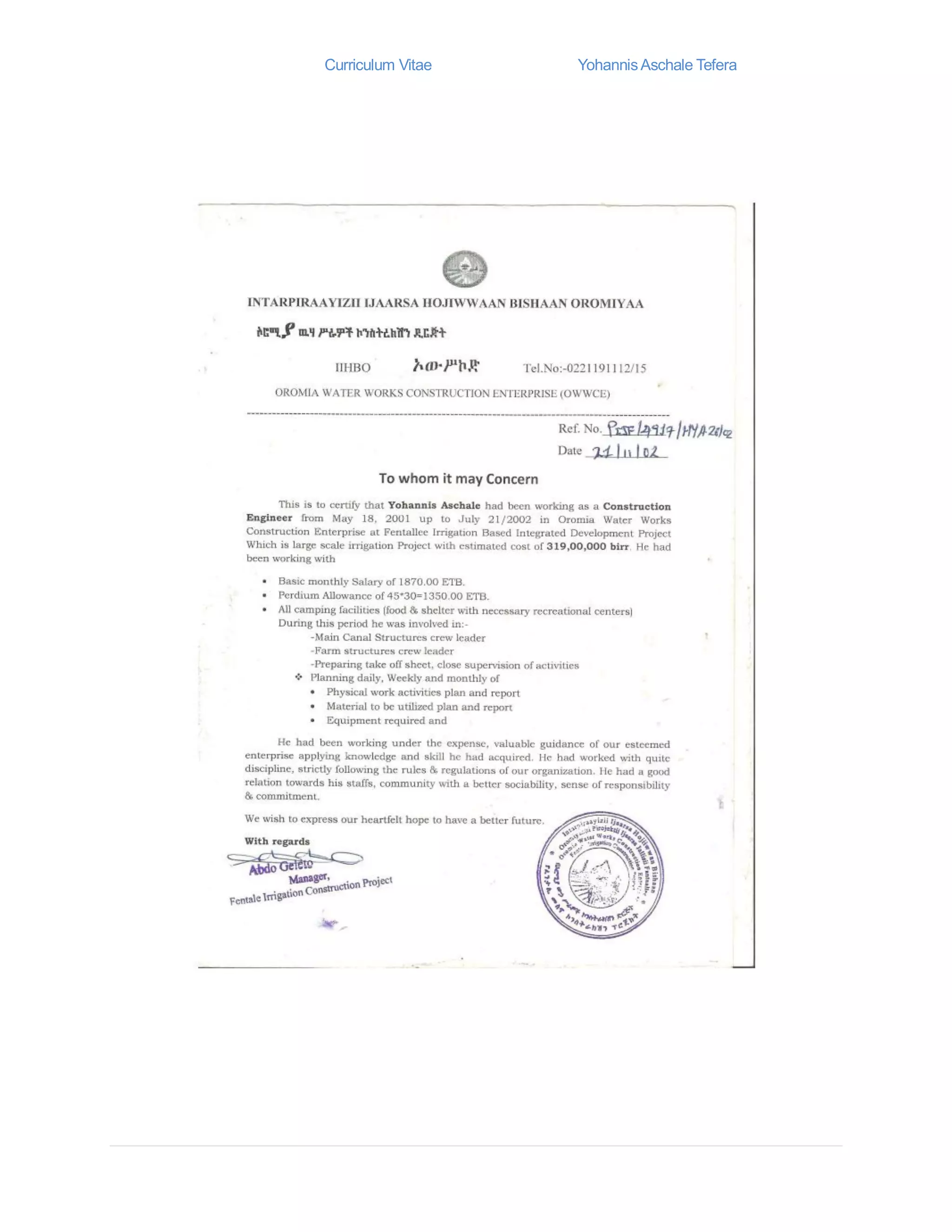 Curriculum Vitae YohannisAschale Tefera
 