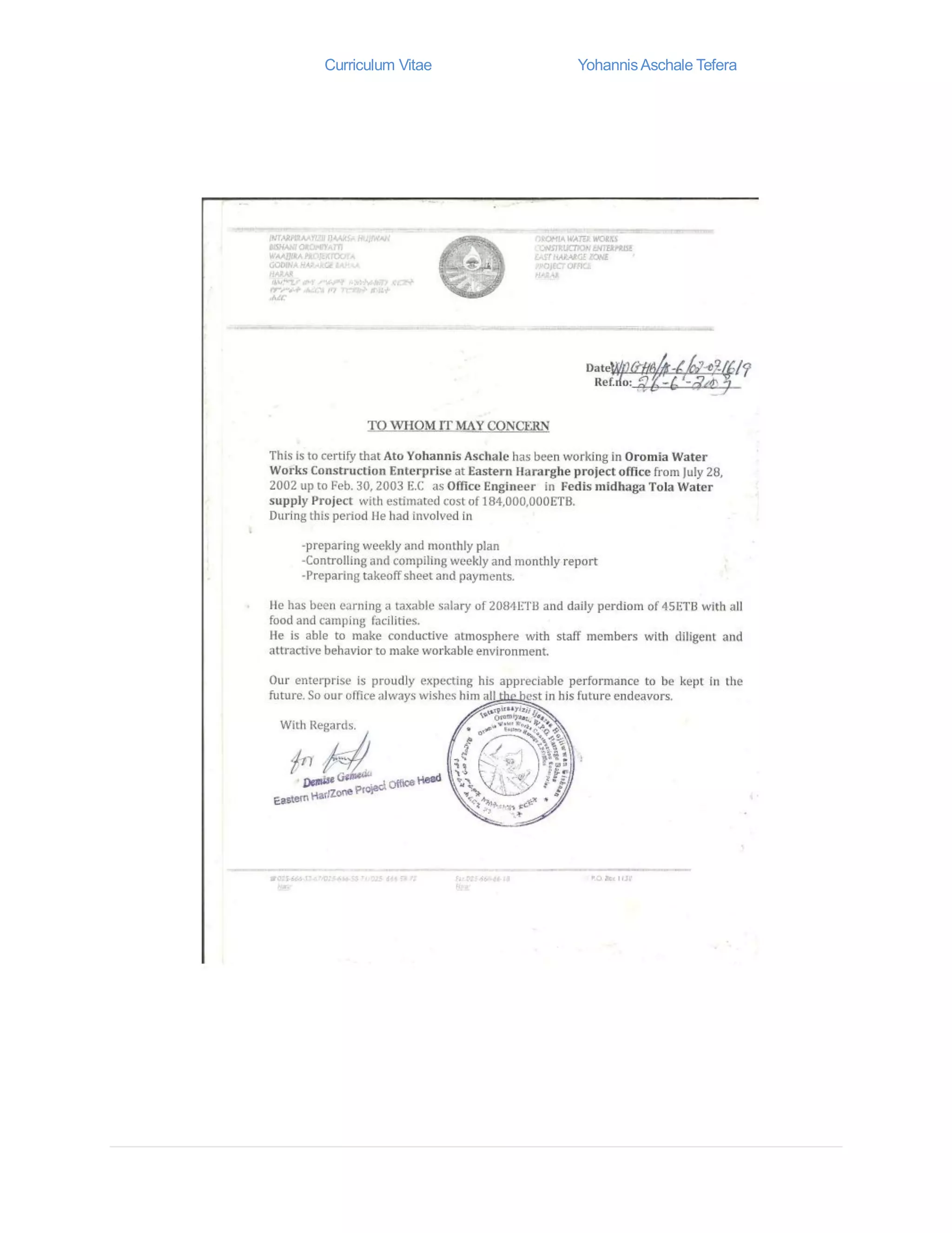 Curriculum Vitae YohannisAschale Tefera
 
