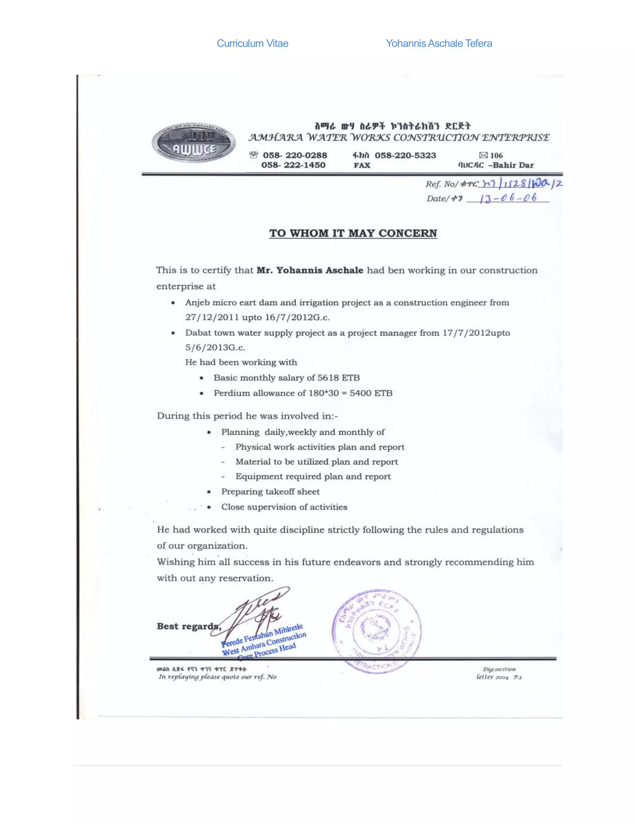 Curriculum Vitae YohannisAschale Tefera
 