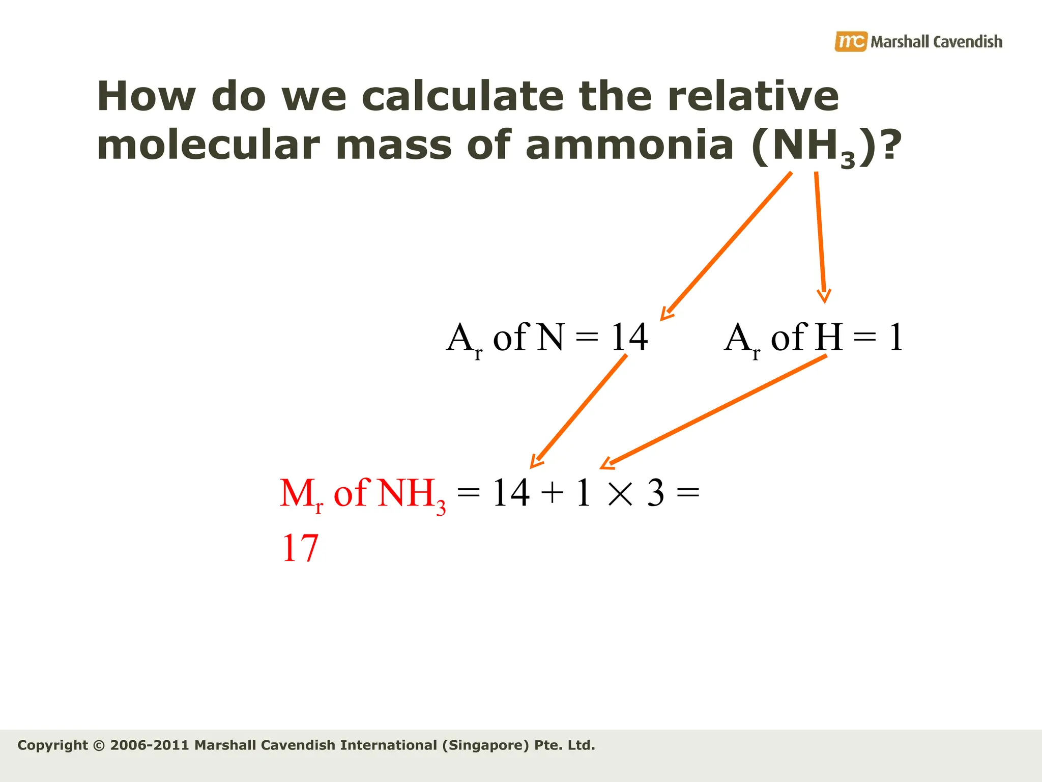 Copyright © 2006-2011 Marshall Cavendish International (Singapore) Pte. Ltd.
How do we calculate the relative
molecular mass of ammonia (NH3)?
Ar of N = 14 Ar of H = 1
Mr of NH3 = 14 + 1  3 =
17
 
