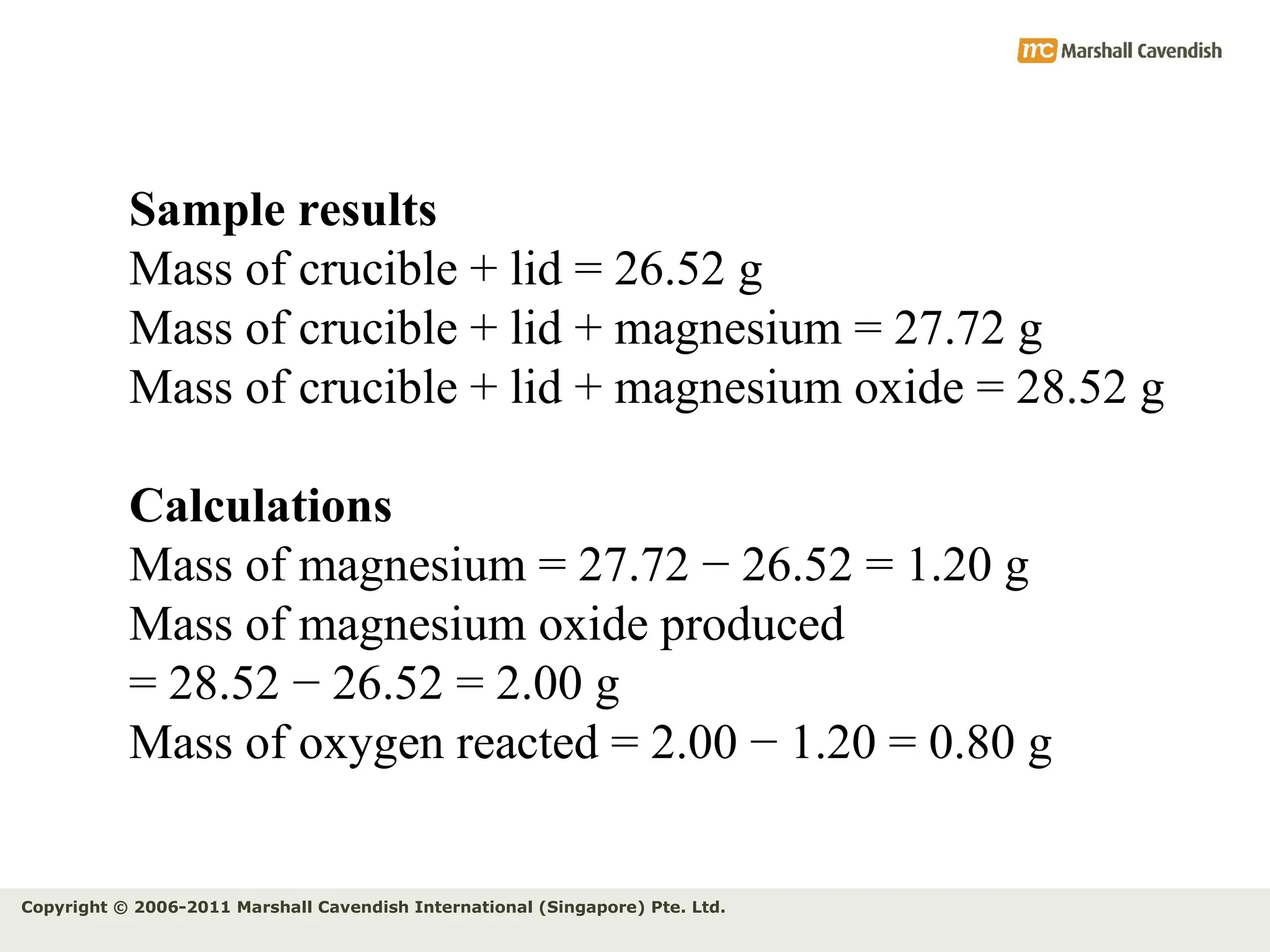 Copyright © 2006-2011 Marshall Cavendish International (Singapore) Pte. Ltd.
Sample results
Mass of crucible + lid = 26.52 g
Mass of crucible + lid + magnesium = 27.72 g
Mass of crucible + lid + magnesium oxide = 28.52 g
Calculations
Mass of magnesium = 27.72 − 26.52 = 1.20 g
Mass of magnesium oxide produced
= 28.52 − 26.52 = 2.00 g
Mass of oxygen reacted = 2.00 − 1.20 = 0.80 g
 