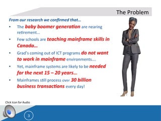  
From	
  our	
  research	
  we	
  conﬁrmed	
  that…	
  
•  The	
  baby	
  boomer	
  genera5on	
  are	
  nearing	
  
re8rement…	
  
•  Few	
  schools	
  are	
  teaching	
  mainframe	
  skills	
  in	
  
Canada…	
  	
  
•  Grad’s	
  coming	
  out	
  of	
  ICT	
  programs	
  do	
  not	
  want	
  
to	
  work	
  in	
  mainframe	
  environments….	
  
•  Yet,	
  mainframe	
  systems	
  are	
  likely	
  to	
  be	
  needed	
  
for	
  the	
  next	
  15	
  –	
  20	
  years…	
  	
  
•  Mainframes	
  s8ll	
  process	
  over	
  30	
  billion	
  
business	
  transac5ons	
  every	
  day!	
  	
  
	
  
	
  
3
The	
  Problem	
  
Click	
  Icon	
  for	
  Audio	
  
 