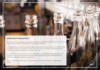 WORKFORCE MANAGEMENT
As a business we specialise in supplying high performing ﬂexible workforces to some of the
best known companies across the UK, Canada and the USA.
In a world where companies need to adapt to changing business dynamics and productivity
demands to remain competitive, we can help. Our clients are leading organisations that
embrace change and ﬂexibility as a normal part of life.
This is where we step in with the role to help clients optimise their people capability. The
objective is to supply recruitment and workforce management solutions that are highly
productive, extremely agile and cost effective.
We then spend more time than most getting to know you and what your organisation
needs.
 