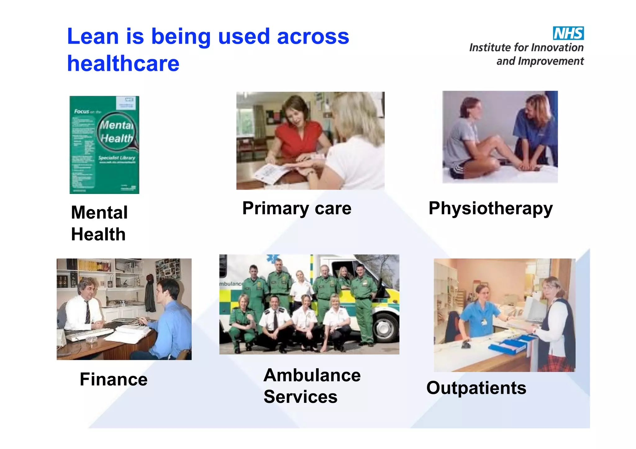 Lean is being used across
healthcare
Outpatients
Mental
Health
PhysiotherapyPrimary care
Ambulance
Services
Finance
 