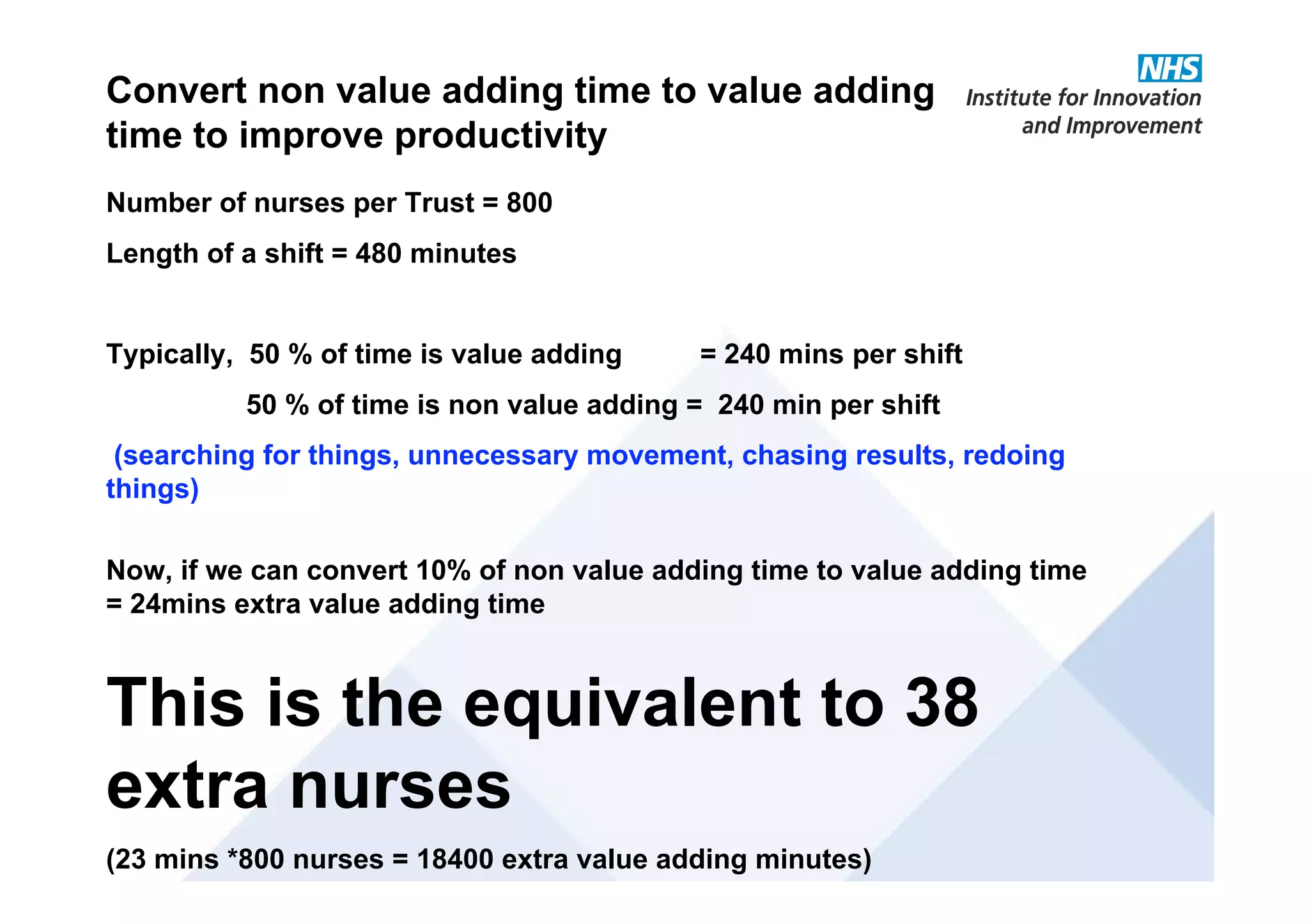 Number of nurses per Trust = 800
Length of a shift = 480 minutes
Typically, 50 % of time is value adding = 240 mins per shift
50 % of time is non value adding = 240 min per shift
(searching for things, unnecessary movement, chasing results, redoing
things)
Now, if we can convert 10% of non value adding time to value adding time
= 24mins extra value adding time
This is the equivalent to 38
extra nurses
(23 mins *800 nurses = 18400 extra value adding minutes)
Convert non value adding time to value adding
time to improve productivity
 