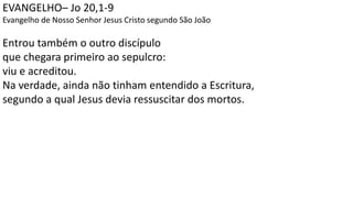 EVANGELHO– Jo 20,1-9
Evangelho de Nosso Senhor Jesus Cristo segundo São João
Entrou também o outro discípulo
que chegara primeiro ao sepulcro:
viu e acreditou.
Na verdade, ainda não tinham entendido a Escritura,
segundo a qual Jesus devia ressuscitar dos mortos.
 