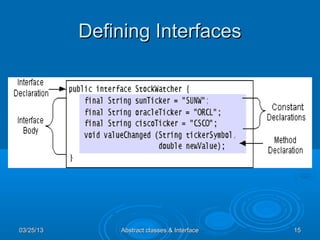 Defining Interfaces




03/25/13       Abstract classes & Interface   15
 