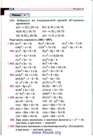 г
118_____________________________________________________________________________ Р о з д і л 2
( ' І ї в е н ^ ' ^ ^ ______________________________________________
480. Зобразіть на координатній прямій об ’ єднання
проміжків:
а ) ( - - ; 2 ] и [ 3 ;- ) ; б )(-4 ; 3) и (4; 7];
в) [2; 4] и (5; 7); г) З] U (3; 7);
ґ ) [ - 4 ;2 ] и [2;3 ); д) 1) U (1; 4).
Розв’яжіть нерівність (481—487).
^ 48 1.а )л :^ -4л :< 0; 6)x^ + 6 x < 0 ; в )2^+ б 2 -7 < 0 ;
г) 6х^ - х > 0 ‘, ґ) 2х^ + 7л: > 0; д) г/^- 4у - 5 < 0.
482. а)х^-6л : + 9 > 0 ; б) - 8у + 16 < 0;
в) + 4х + 4 < 0; г) 2^+2 + 0,25<0;
ґ ) х ^ > 2 х - 1 ; д )г/^ > 4 у -4 .
S>483. а)ж ^<Зл:-2; 6)t^ + 9 < 6 t ;
в) - 4дг + З > 0; г) + 10л: + 25 > 0;
ґ) 9х^ + 6л: + 1 < 0; д) л:^- 2л: + 9 < 0.
484. а) 2л:^ - Зл: + 1 > 0; б) л:^+ 8 < 6л:;
в) 0,5л:^ - л: - 2 > 0; т) - 4у < 12
ґ) -х^ + З л :-2 > 0 ; д )1 І2 > 2^+ 18.
4 8 5 .а ) 2 - 3 у < /; б) 12л: - 36 <
в)3г^<52 + 12; г) 4х (х + 1) < 15;
ґ)-2 х ^ > 2 х + 3; д)6(і^ + 1)<13^.
5>486. а ) х ( х - 3 ) < - 2 ; б) 2 (г^ + 5) > 92;
в ) х ( 2 - х ) > 4 ; г) 8 - (5 - > Зу;
ґ) (х - 3)(х + 5) > 0; д) (х + 2)(х + 7) < 0.
487. а) (х + 7)(х - 1) > 0; б) (х - 3)(х - 5) < 0;
в) (х - 2)(х + 3) < 0; г) (а + 2)(а - 5) < 0;
ґ )(і + ЗЖ + 4)> 0 ; д ) ( 2 - с ) ( 3 - с ) > 0 .
488. При яких значеннях х значення функції у = х^ + Зх
від’ємні, а при яких — додатні?
489. При яких значеннях х значення функції у = Дх) додатні,
а при яких — від’ємні, якщо:
www.4book.org
 