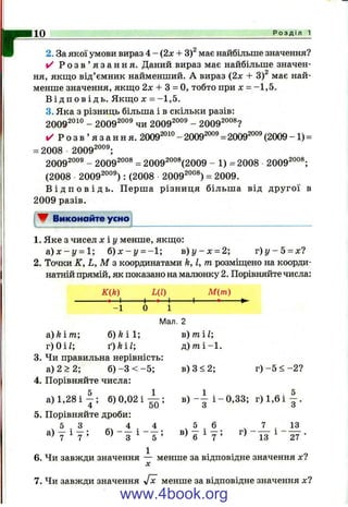 г2. За якої умови вираз 4 - (2х + 3)^ має найбільше значення?
✓ Р о з в ’ я з а н н я . Даний вираз має найбільше значен­
ня, якш;о від’ємник найменший. А вираз (2х + 3)^ має най­
менше значення, якш;о 2л: + З = О, тобто при х = -1,5 .
В і д п о в і д ь . Якш;ох = -1,5 .
3. Яка з різниць більша і в скільки разів:
20092010 _ 2009^°°® чи 2009^°°® - 2009^°°®?
✓ Р о з в ’ я з а н н я . 2009^°^°-2009^“ ®= 2009^°°®(2009-1) =
= 2008 2009^”°®;
20092009 _ 2009^°°* = 2009^°°®(2009 - 1) =2008 2009^°“*;
(2008 2009^°°®): (2008 2009^°°®) = 2009.
В і д п о в і д ь . Перша різниця більш а від другої в
2009 разів,
W Виконайте усно
10_______________________________________________________________________________ Р о з д і л 1
1. Яке з чисел х і у менше, якщо:
а ) х - у = 1; б ) х - у = -1; в ) у - х = 2; г ) у - 5 = х?
2. Точки К, L, М з координатами k, І, т розміщено на коорди­
натній прямій, як показано на малюнку 2. Порівняйте числа:
K{k) ЦІ) М(т)
1 » І--------1-------- ►
- 1 0 1
Мал. 2
а.) him ', 6 ) f e i l ; в) m i l ;
г)Оіі; ґ) кі І; д ) т і - 1 .
3. Чи правильна нерівність:
а) 2 > 2; б )-З < - 5 ; в) З <2; г ) -5 < -2 ?
4. Порівняйте числа:
а) 1,28 і б) 0,02 і ; в ) і - 0,33; г) 1,6 і | .
5. Порівняйте дроби:
5 3 _ 4 4 5 . 6 ^ 7 . 13
13 ' 27
6. Чи завжди значення — менше за відповідне значення х?
7. Чи завжди значення Jlc менше за відповідне значення х?
www.4book.org
 