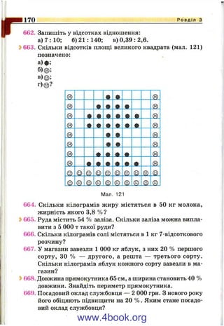 r170 Р о з д і л з
662. Запишіть у відсотках відношення:
а) 7: 10; 6)21:140; в) 0,39: 2,6.
^663. Скільки відсотків площі великого квадрата (мал. 121)
позначено:
б )© ;
в)© ;
г)©?
в .
А А
JL
(SL
Ж
(SI
©
«а
в .
(S)
в
(SL
(Я)
©
Мал. 121
664. Скільки кілограмів жиру містяться в 50 кг молока,
жирність якого 3,8 % ?
S>665. Руда містить 54 % заліза. Скільки заліза можна випла­
вити з 5 000 т такої руди?
666. Скільки кілограмів солі містяться в 1 кг 7-відсоткового
розчину?
667. У магазин завезли 1 000 кг яблук, з них 20 % першого
сорту, ЗО % — другого, а решта — третього сорту.
Скільки кілограмів яблук кожного сорту завезли в ма­
газин?
3>668. Довжина прямокутника 65 см, а ширина становить 40 %
довжини. Знайдіть периметр прямокутника.
669. Посадовий оклад службовця — 2 000 грн. З нового року
його обіцяють підвиш;ити на 20 % . Яким стане посадо­
вий оклад службовця?
www.4book.org
 