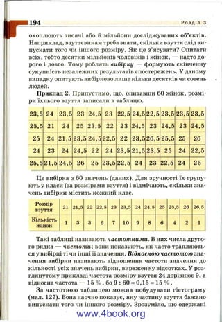 г194 Р о з д і л з
ОХОПЛЮ Ю ТЬ тисячі або й мільйони досліджуваних об’єктів.
Наприклад, взуттєвикам треба знати, скільки взуття слід ви­
пускати того чи іншого розміру. Як це з’ясувати? Опитати
всіх, тобто десятки мільйонів чоловіків і жінок, — надто до­
рого і довго. Тому роблять вибірку — формують скінченну
сукупність незалежних результатів спостережень. У даному
випадку опитують вибірково лише кілька десятків чи сотень
людей.
Приклад 2. Припустимо, ш,о, опитавши 60 жінок, розмі­
ри їхнього взуття записали в таблицю.
23,5 24 23,5 23 24,5 23 22,5 24,5 22,5 23,5 23,5 23,5
25,5 21 24 25 23,5 22 23 24,5 23 24,5 23 24,5
25 24 21,5 23,5 24,5 22,5 22 23,5 26,5 25,5 25 26
24 23 24 24,5 22 24 23,5 21,5 23,5 25 24 22,5
25,5 21,5 24,5 26 25 23,5 22,5 24 23 22,5 24 25
Це вибірка з 60 значень (даних). Для зручності їх групу­
ють у класи (за розмірами взуття) і відмічають, скільки зна­
чень вибірки містить кожний клас.
Розмір
взутгя
21 21,5 22 22,5 23 23,5 24 24,5 25 25,5 26 26,5
Кількість
жінок
1 3 3 6 7 10 9 8 6 4 2 1
Такі таблиці називають частотними. В них числа друго­
го рядка — частоти; вони показують, як часто трапляють­
ся у вибірці ті чи інші її значення. Відносною частотою зна­
чення вибірки називають відношення частоти значення до
кількості усіх значень вибірки, виражене у відсотках. У роз­
глянутому прикладі частота розміру взуття 24 дорівнює 9, а
відносна частота — 15 % , бо 9 : 60 = 0,15 = 15 % .
За частотною таблицею можна побудувати гістограму
(мал. 127). Вона наочно показує, яку частину взуття бажано
випускати того чи іншого розміру. Зрозуміло, ш;о одержані
www.4book.org
 