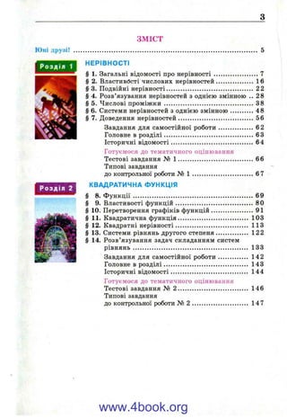 ЗМІСТ
Юні друзі! ...................................................................................................... 5
ШШШШ НЕРІВНОСТІ
§ 1. Загальні відомості про нерівності..........................7
§ 2. Властивості числових нерівностей.................... 16
’ Подвійні нерівності................................................ 2 2
§ 4. Розв’язування нерівностей з однією змінною . . 28
§ 5. Числові проміжки ...................................................38
§ 6. Системи нерівностей з однією змінною..............48
§ 7. Доведення нерівностей......................................... 56
Завдання для самостійної роботи................... 6 2
Головне в розділі................................................. 63
Історичні відомості............................................. 64
Готуємося до тематичного оцінювання
Тестові завдання № 1 ......................................... 66
Типові завдання
до контрольної роботи М 1 ................................. 6 7
І Д В І Д Ж І КВАДРАТИЧНА ФУНКЦІЯ
§ 8. Ф ункції.................................................................. 69
§ 9. Властивості функцій.......................................... 80
§ 10. Перетворення графіків функцій........................ 91
§ 11. Квадратична функція...................................... 103
§ 12. Квадратні нерівності........................................ 113
§ 13. Системи рівнянь другого степеня................. 122
§ 14. Розв’язування задач складанням систем
рівнянь............................................................... 133
•й Завдання для самостійної роботи................ 142
Головне в розділі.............................................. 143
Історичні відомості.......................................... 144
Готуємося до тематичного оцінювання
Тестові завдання № 2 ...................................... 146
Типові завдання
до контрольної роботи № 2 .............................. 14 7
www.4book.org
 