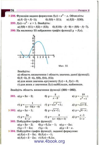 Г
176
2>29fi
Р о з д і л 2
X. Обчисліть:
в )Д 2 )-/(3 0 ).
t>298. Функцію задано формулою f(x) =
а )/(-2 ) + /(-1 ); б)Д0) + Д1);
299. f(x) =х^ - X + . Знайдіть:
а) /(0) + Д1) + Д2) + ЯЗ); б) f{0) - f { - 9) + f{8) - f{-7).
300. На малюнку 55 зображено графік функції у - f{x).
Мал. 55
Знайдіть:
а) область визначення і область значень даної функції;
б )Я -5 ),Я -4 ),Я 0 ),/(4 ),/(5 );
в) для яких значень аргументу f(x) = 4, f(x) = 0;
г) для яких X значення f(x) найбільше, найменше.
Знайдіть область визначення функції (ЗОЇ—302).
З
ЗОЇ. а) у = Зх - 2;
1
б) г/ =
х - 2
10
в) У = — і-----
+1
г) г/ =
{ х - 3 ) { х - 4 )
2>302. 8і) у = 5х - 1 ;
2х
г) У=
5 - х
Ґ)у^л1х^+1;
б) y = Jx+ l;
ґ ) у = ^
( x - 4 ) ( x + l)
д) y = Jx+5.
в) у = ^ 4 - х ;
х-1
Д) У=
1+х
303. Побудуйте графік функції:
а)у = З х - 2 ; б) у = 0,5х - 1; в)у = -3х;
г)у = 7 - 2 х ; ґ)у = 5; д ) у ^ 3 - х .
Ь304. Побудуйте графік функції, заданої формулою:
а.)Пх) = 2 - З х ; б)Пх) = -1;
B)f{x) = 3-2x-, r)f(x) = 0,5x.
www.4book.org
 