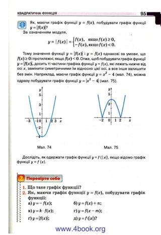 К В А Д Р А Т И Ч Н А Ф У Н К Ц І Я
_ 9 Ш | В
ІКЦІЇ МЯк, маючи графік функції у = /(л:), побудувати графік функції
у=т7
За означенням модуля,
У^ І І ^ f(x), якщо/(х) > о,
^ 1 - / ( х ) , Я К Щ О / ( х ) < 0 .
Тому значення функції у = |/(л:)| і у = f{x) однакові за умови, що
f(x) > о іпротилежні, якщо f{x) < 0. Отже, щоб побудувати графік функції
У- |/(^)|> досить ті частини графіка функції у = f{x), які лежать нижче від
осі X, замінити симетричними їм відносно цієї осі, а все інше залишити
без змін. Наприклад, маючи графік функції у = х^ - 4 (мал. 74), можна
одразу побудувати графік функції у = х^- 4| (мал. 75).
IVIaл. 74 Мал. 75
Дослідіть, як одержати графік функції y = f{ дг|), якщо відомо графік
функції І/= /(д:).
Перевірте себе
1. Щ о таке графік функції?
2. Як, маючи графік функції у = f{x), побудувати графік
функції:
&)y = -f(xy, b)y = f{x) + n
в)у = к f{x) v)y = f{x-m)-,
= д)у = /(|л:|)?
www.4book.org
 