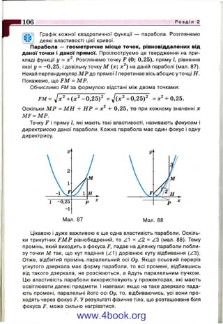 p106 Р о з д і л 2
Графік кожної квадратичної функції — парабола. Розглянемо
деякі властивості цієї кривої.
Парабола — геом етричне м ісце точок, рівновіддалених від
даної точки і даної прямої. Проілюструємо це твердження на при­
кладі функції у = х^. Розглянемо точку F (0; 0 ,2 5 ), пряму І, рівняння
якої у = -0 ,2 5 , і довільну точку М (х; х^) на даній параболі (мал. 87).
Нехай перпендикулярМР до прямої І перетинає вісьабсцисуточці Н.
Покажемо, що F M - МР.
Обчислимо FM за формулою відстані між двома точками:
FM = уїх^ - 0 , 2 5 f =yl(x^+0,25f ^х^ + 0,25.
Оскільки М Р = М Н + H P = х^ + 0 ,2 5 , то при кожному значенні х
MF = МР.
Точку F і пряму І, які мають такі властивості, називають фокусом і
директрисою даної параболи. Кожна парабола має один фокус і одну
директрису.
Мал. 88
ІДІкавою і дуже важливою є ще одна властивість параболи. Оскіль­
ки трикутник F M P рівнобедрений, то Z^ = Z2 = Z3 (мал. 88). Тому
промінь, який виходить з фокуса F, падає на ділянку параболи побли­
зу точки М так, що кут падіння (Z1) дорівнює куту відбивання (Z3).
Отже, відбитий промінь паралельний осі Оу. Якщо осьовий переріз
угнутого дзеркала має форму параболи, то всі промені, відбившись
від такого дзеркала, не розсіюються, а йдуть паралельним пучком.
Цю властивість параболи використовують у прожекторах, які мають
освітлювати далекі предмети. І навпаки: якщо на таке дзеркало пада­
ють промені, паралельні його осі Оу, то, відбиваючись, усі вони про­
ходять через фокус F. У результаті фізичне тіло, що розташоване біля
фокуса F, може сильно нагріватися.
www.4book.org
 