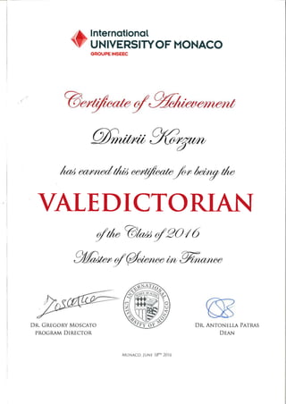 IUM Valedictorian Certificate