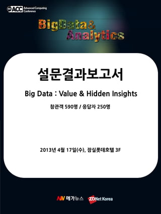 Big Data : Value & Hidden Insights
2013년 4월 17일(수), 잠실롯데호텔 3F
설문결과보고서
참관객 590명 / 응답자 250명
 